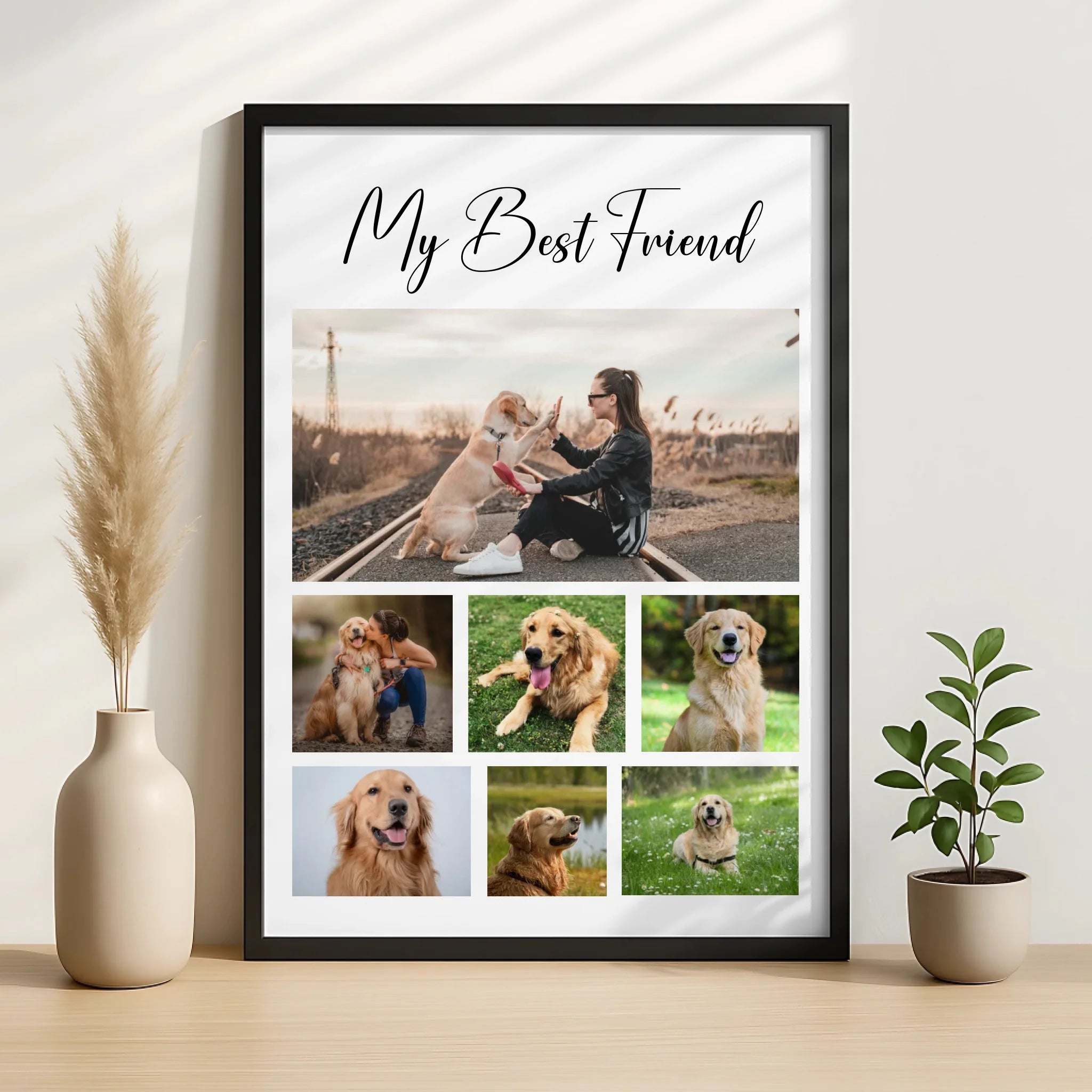 Close-up of personalised pet photo collage frame showing photo print detail