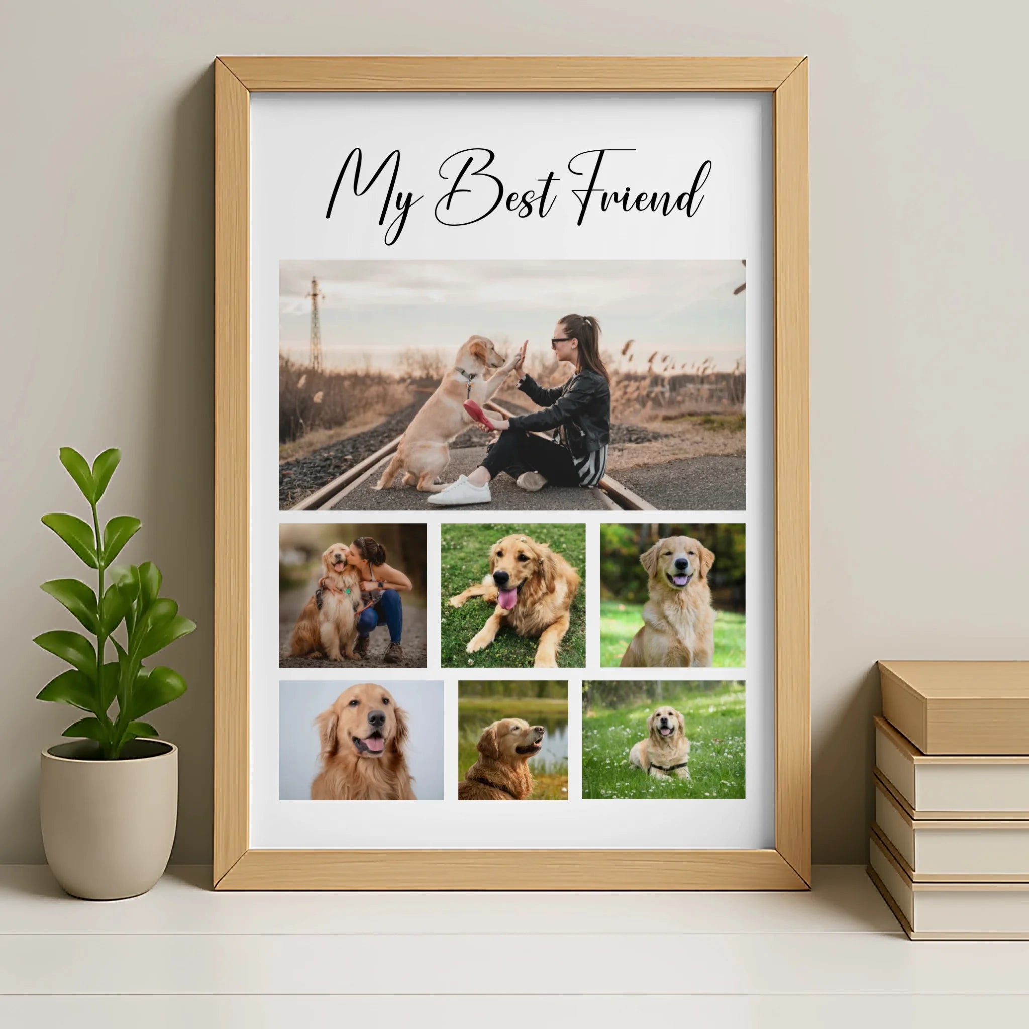 Personalised pet photo collage frame in oak finish