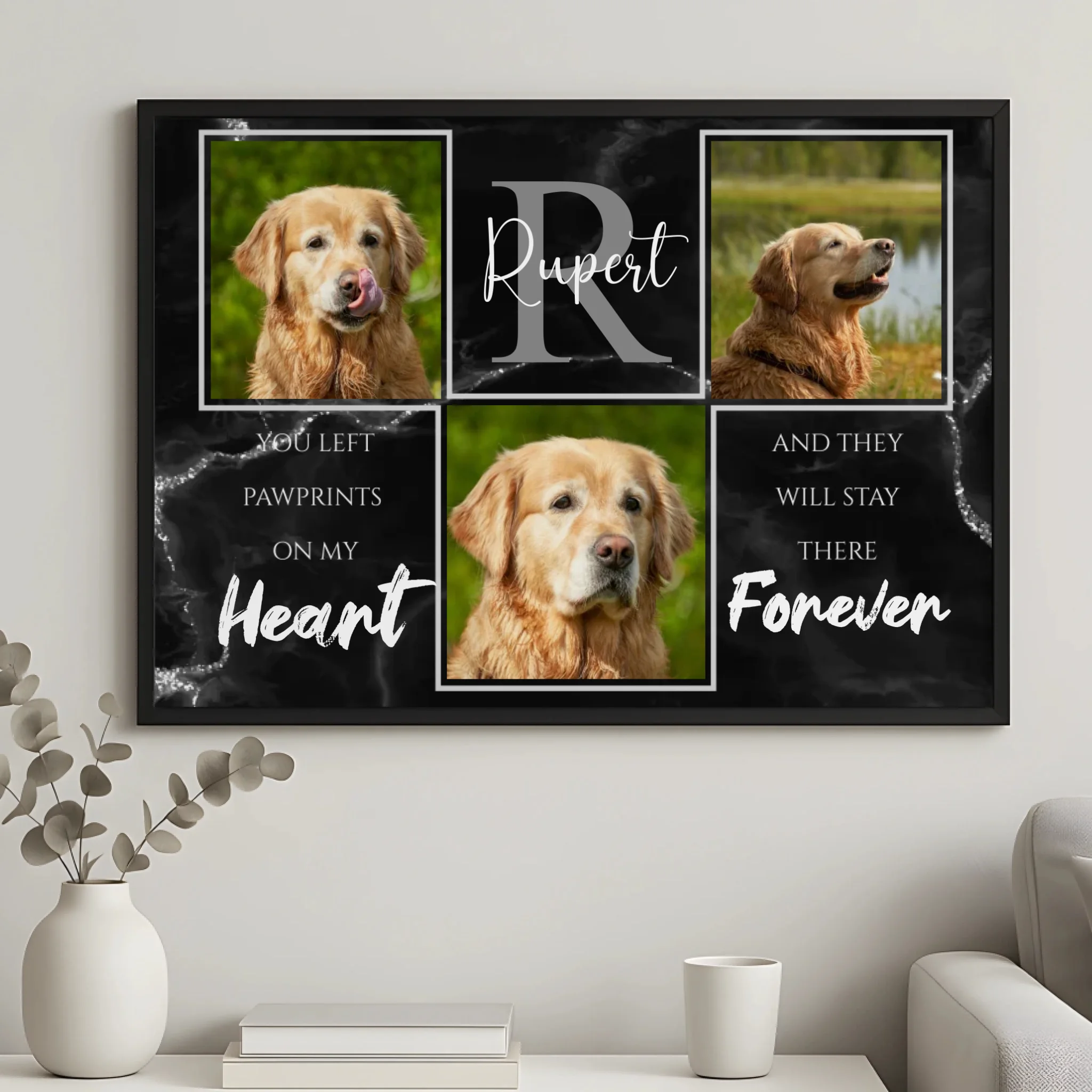 Custom pet memorial photo frame displaying dog photos and personalised tribute message