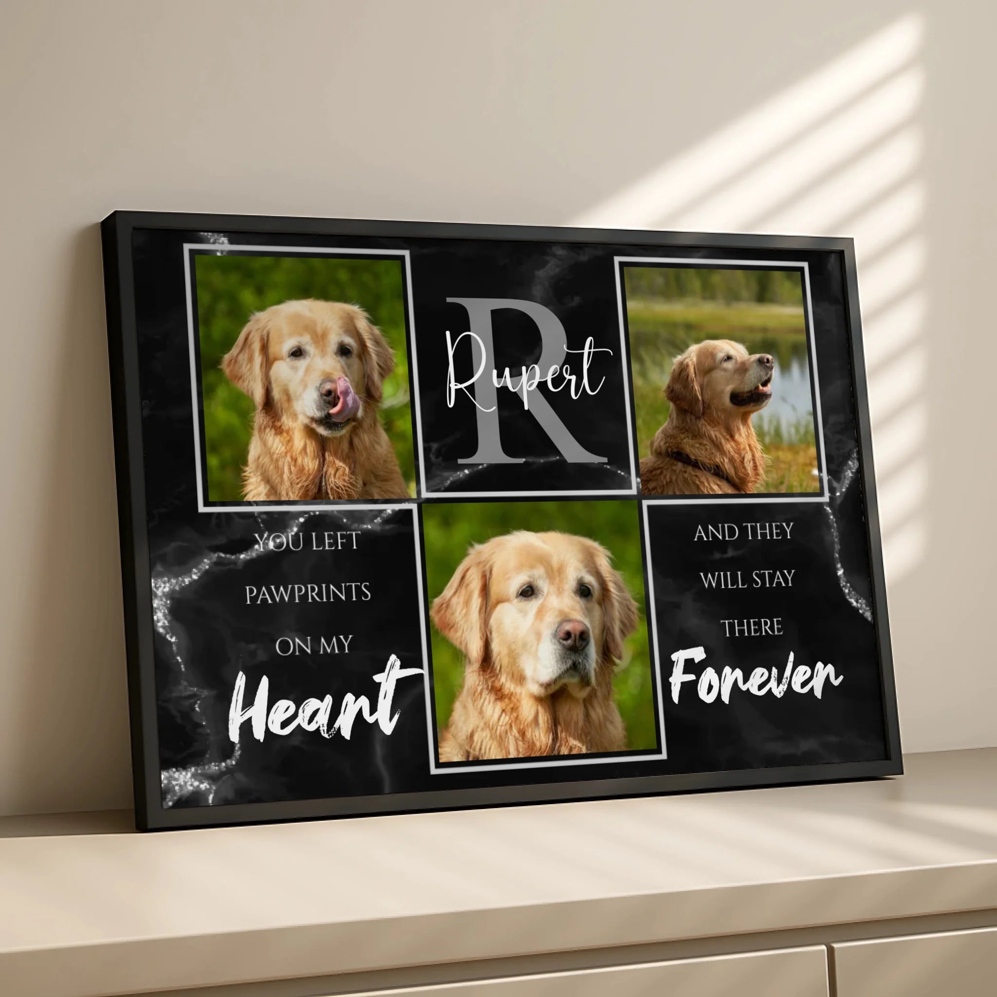Personalised pet memorial frame with multiple dog photos and tribute wording