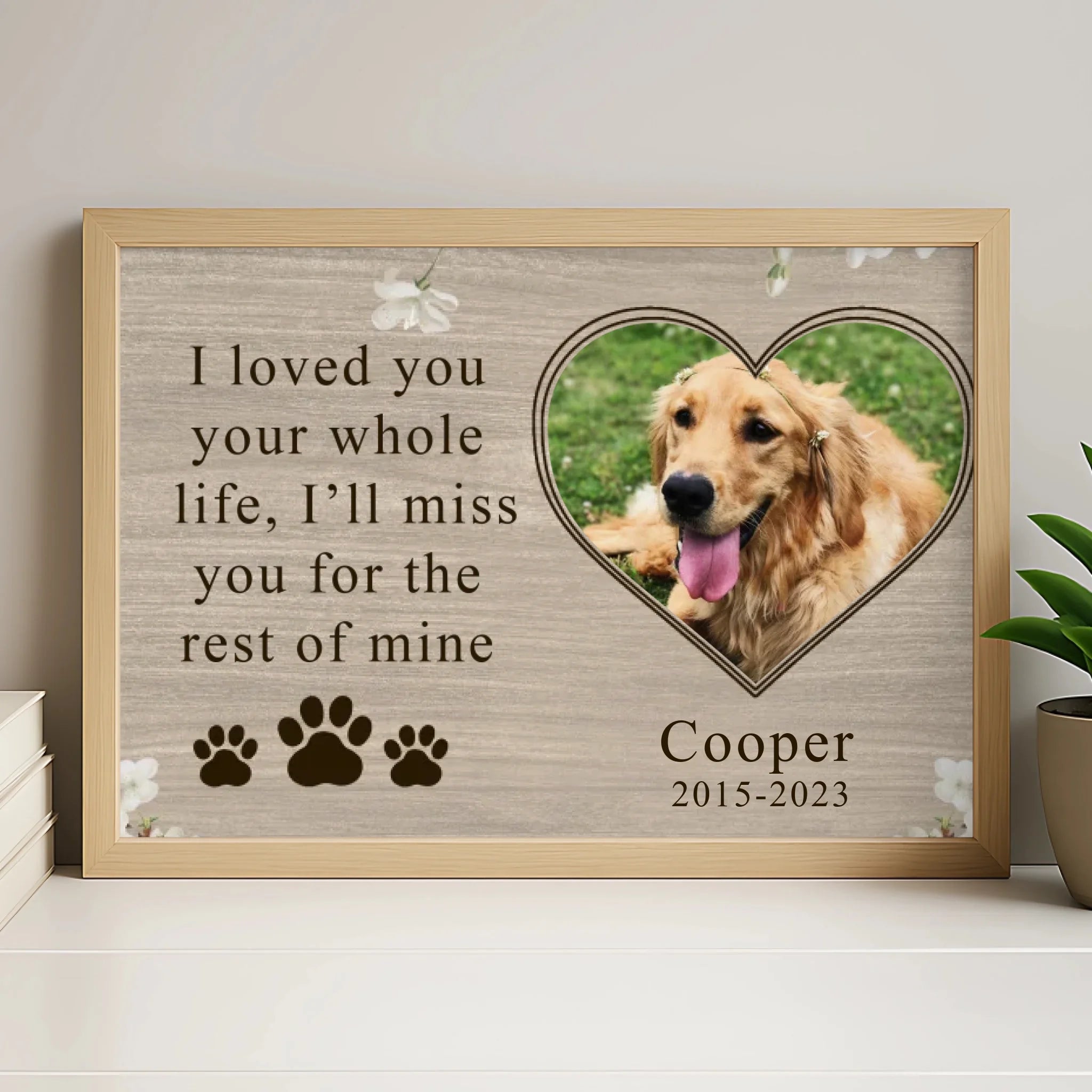 Personalised pet memorial frame in white finish with dog photo and tribute text