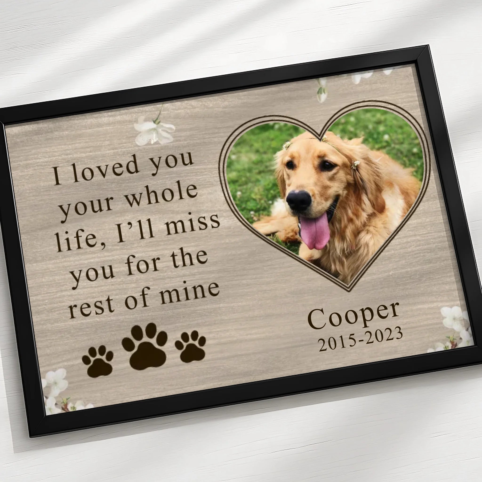 Custom pet memorial frame with you left pawprints on my heart inscription