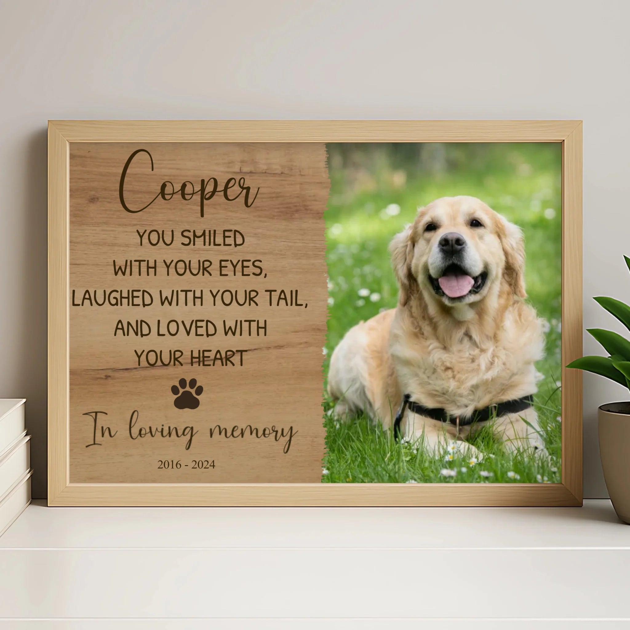 Personalised pet memorial photo frame in white finish with dog photo and quote