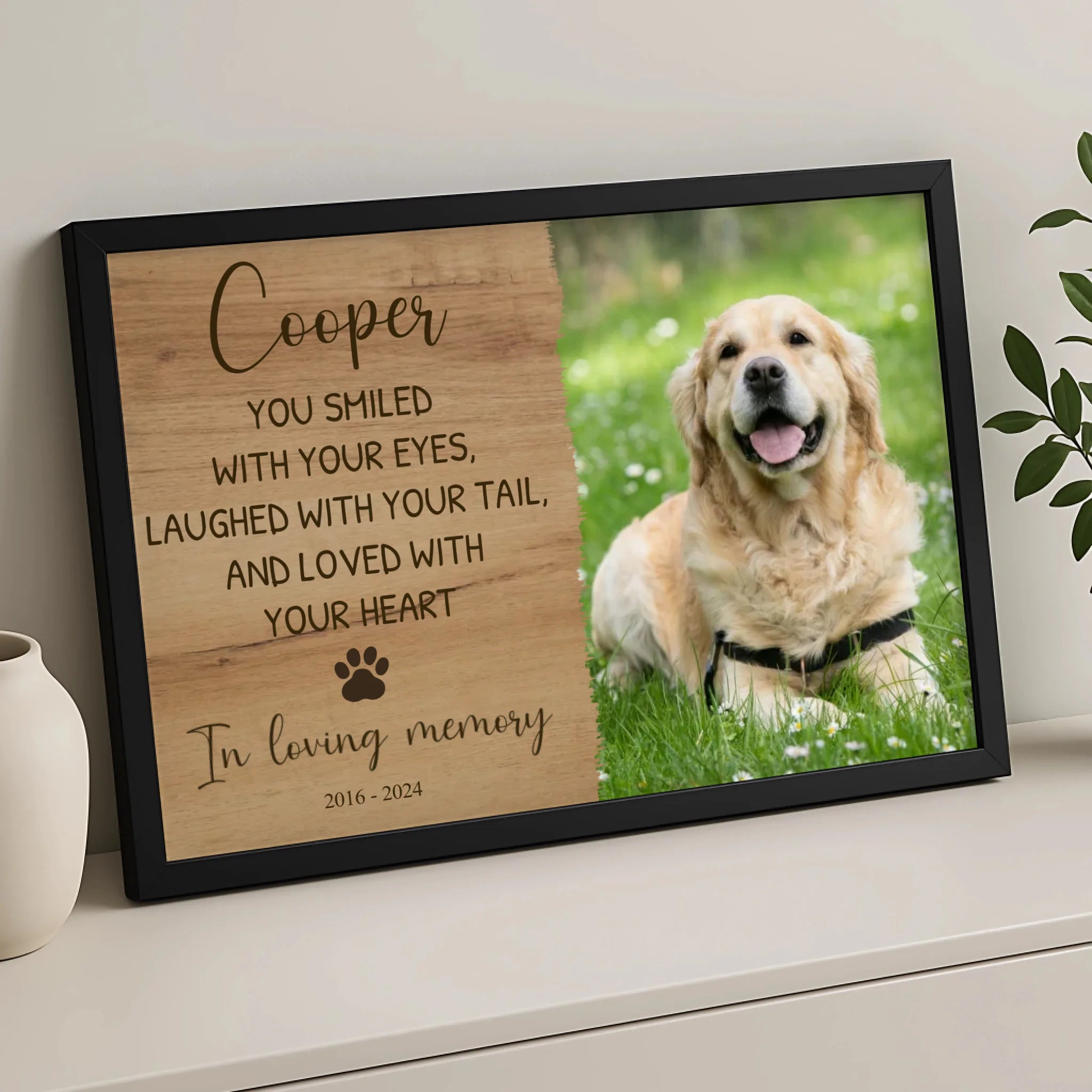 Close-up of personalised dog memorial frame showing custom quote text