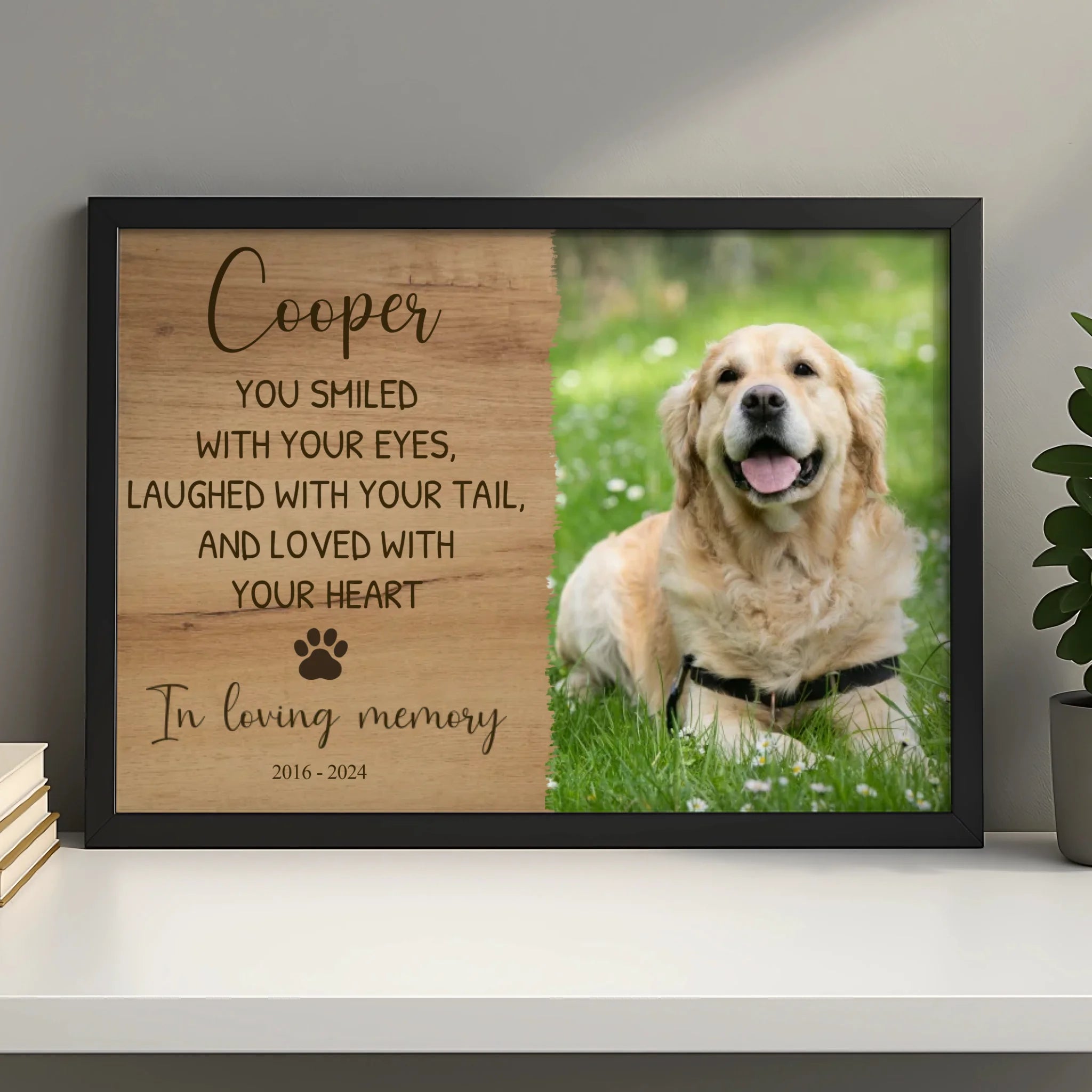 Rustic wood-effect personalised photo frame for pet memorial keepsake