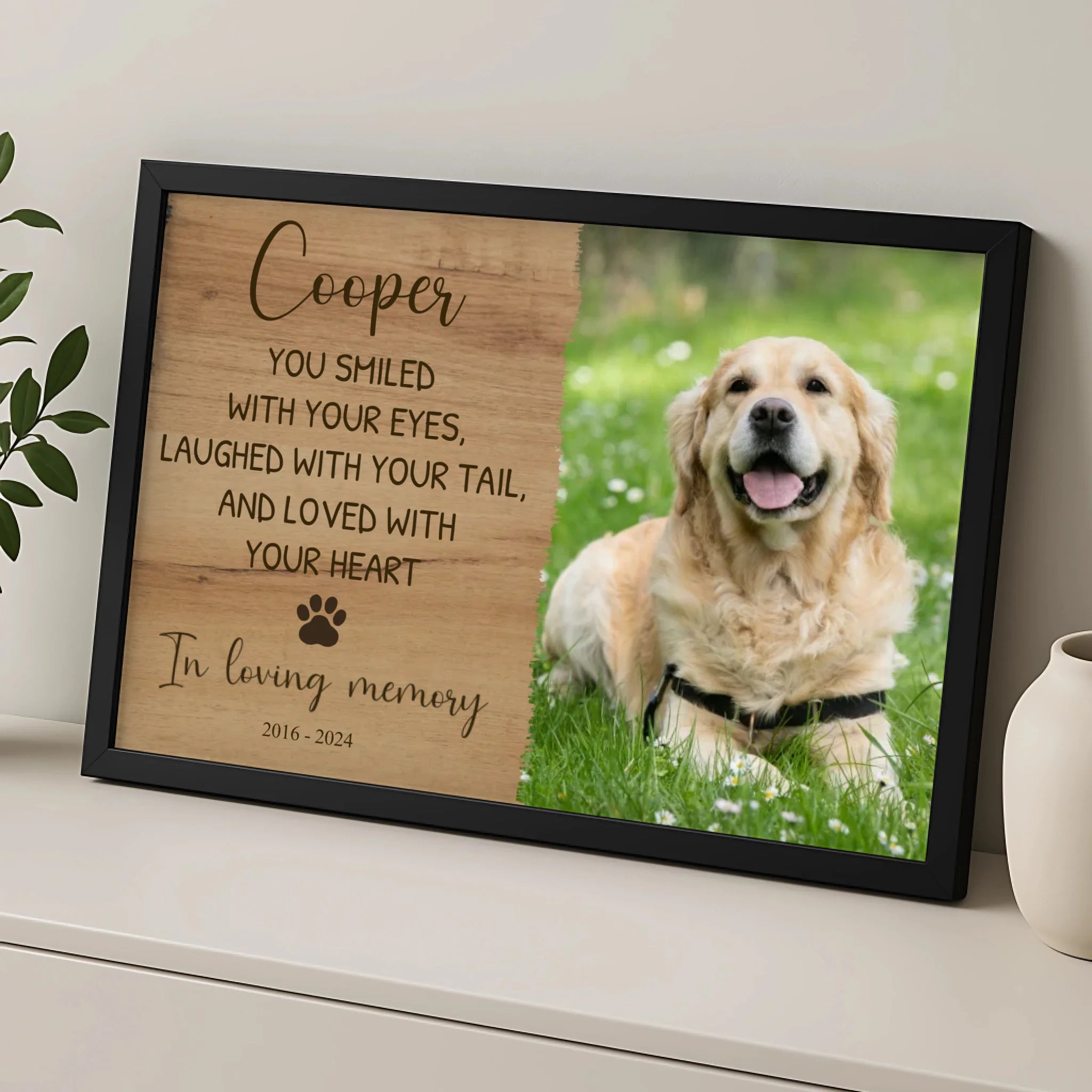 Custom dog memorial frame with printed photo and personalised message
