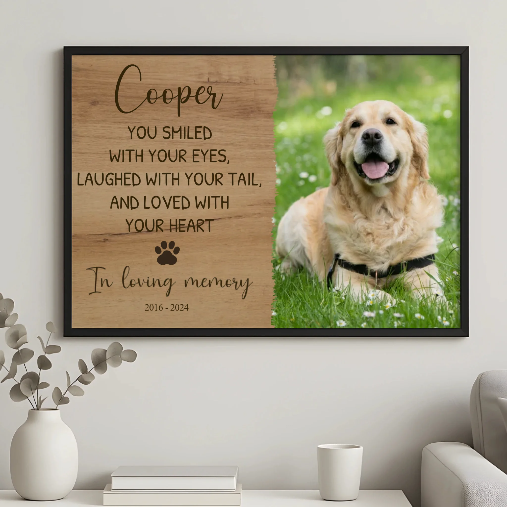 Personalised dog photo frame with quote, flat lay product view