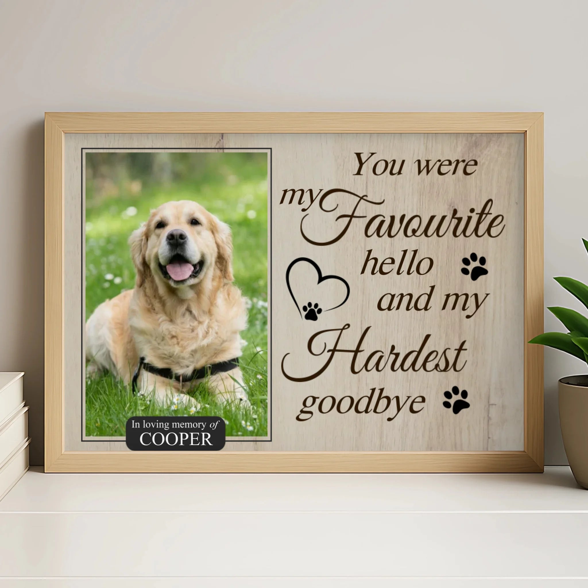Personalised pet memorial frame in white finish with dog photo and printed quote