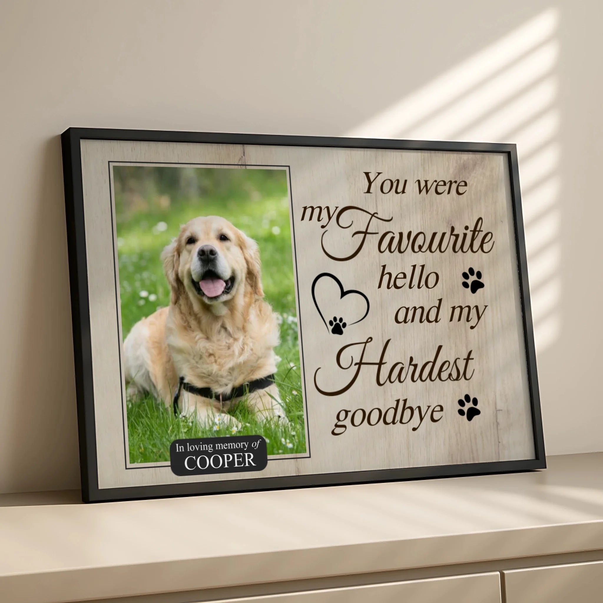 Pet memorial personalised photo frame with quote, shown as a sympathy gift for dog loss