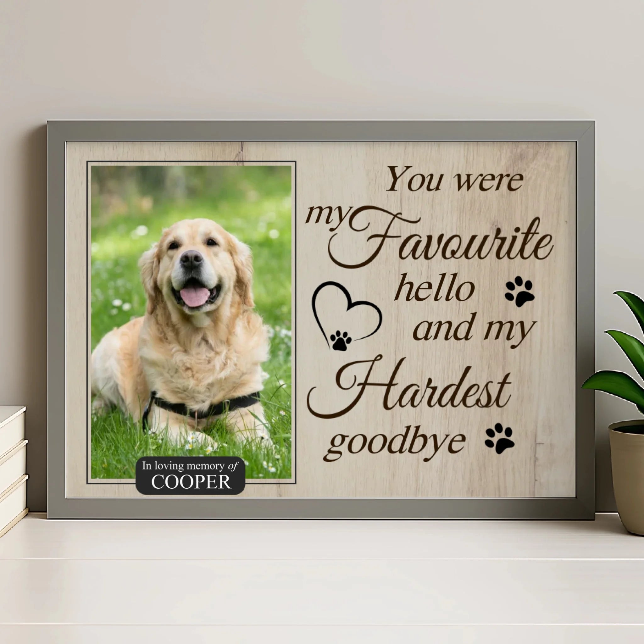 Personalised pet memorial frame in grey finish with custom photo and quote