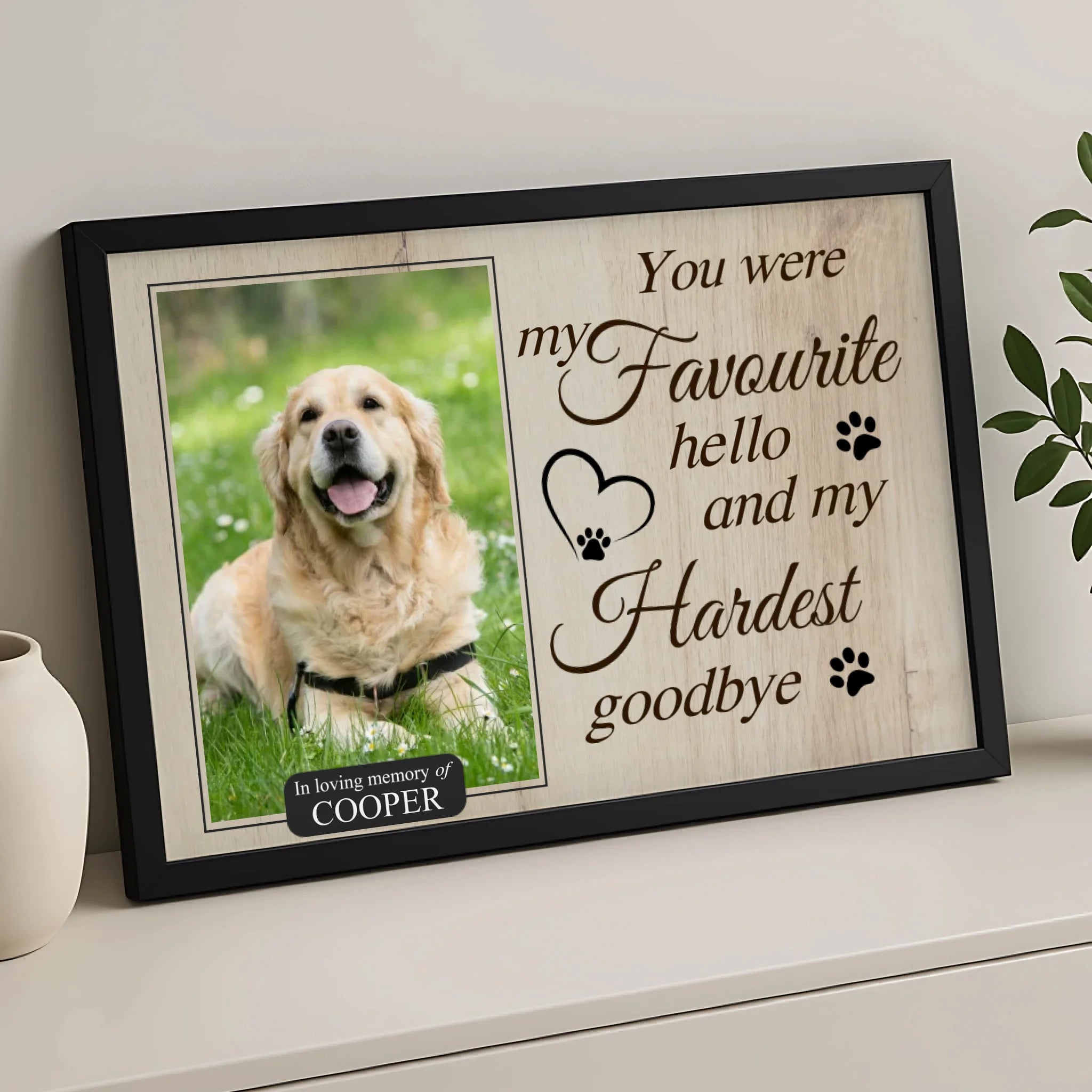 Close-up of personalised dog memorial frame showing custom photo and printed quote