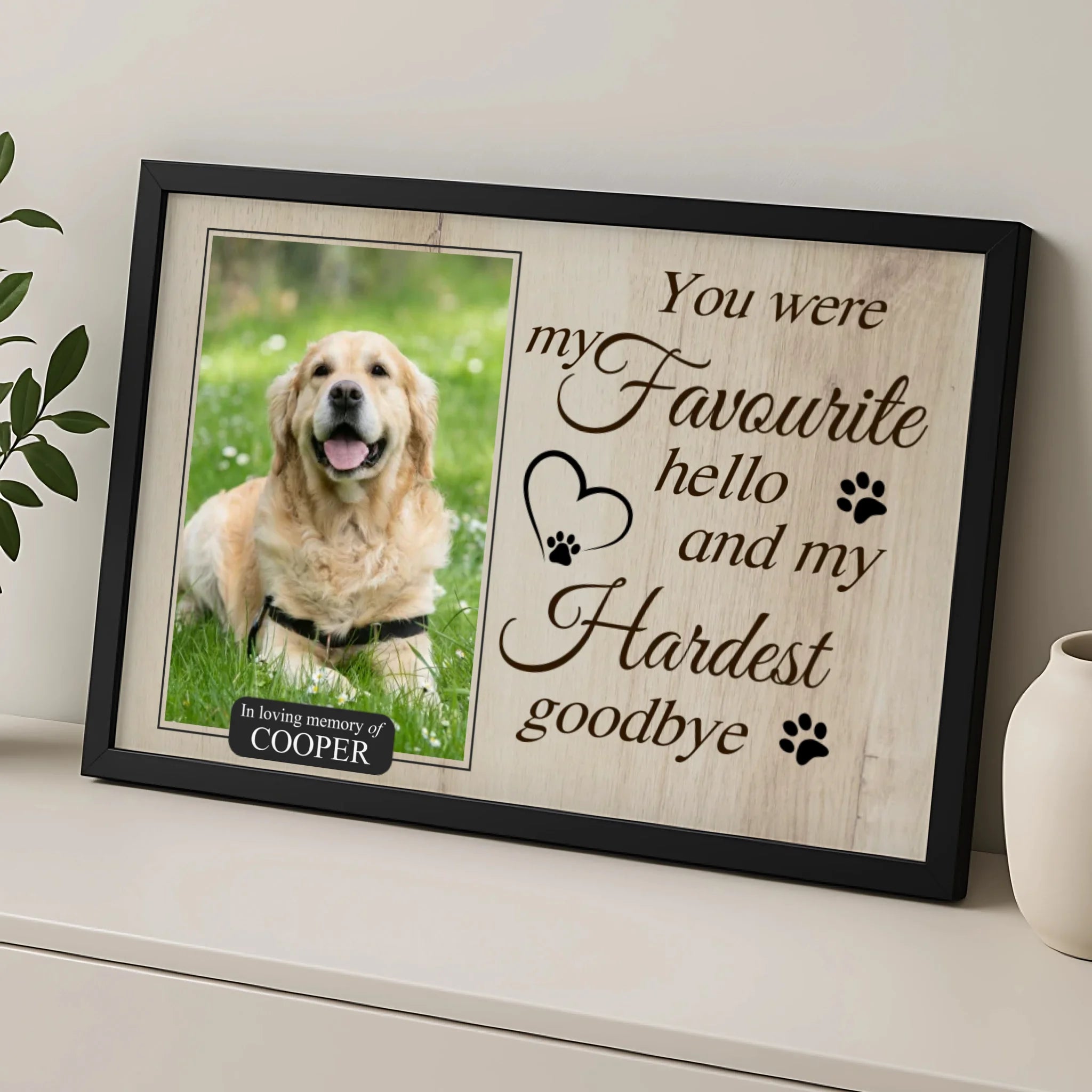 Custom pet photo frame with farewell quote, suitable as a dog bereavement gift