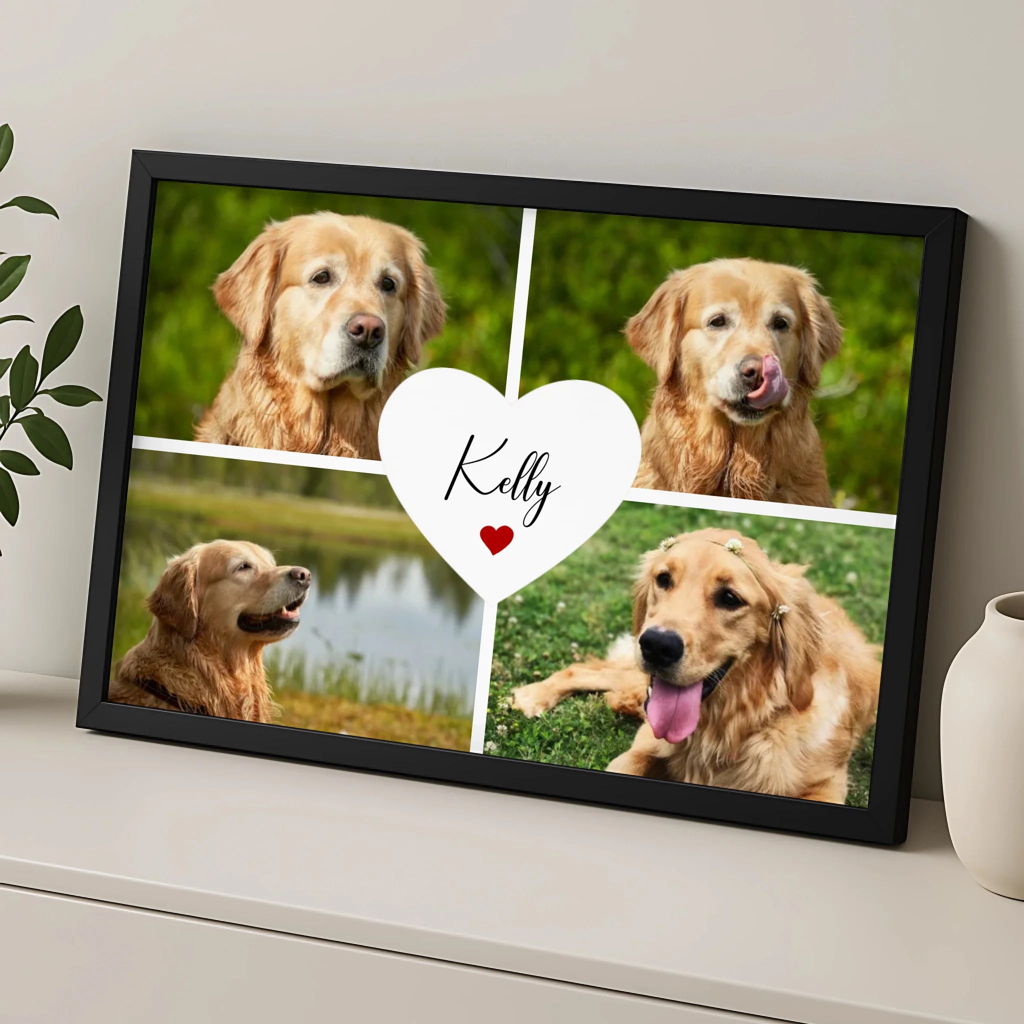 Personalised photo collage frame for pets with decorative heart and name