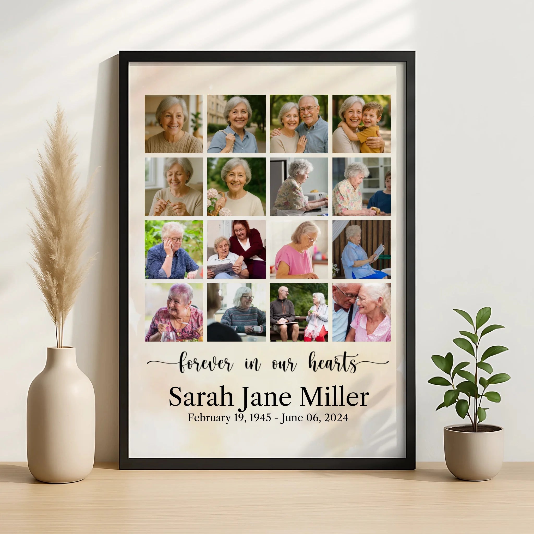 Close-up of personalised memorial photo frame showing name and date details