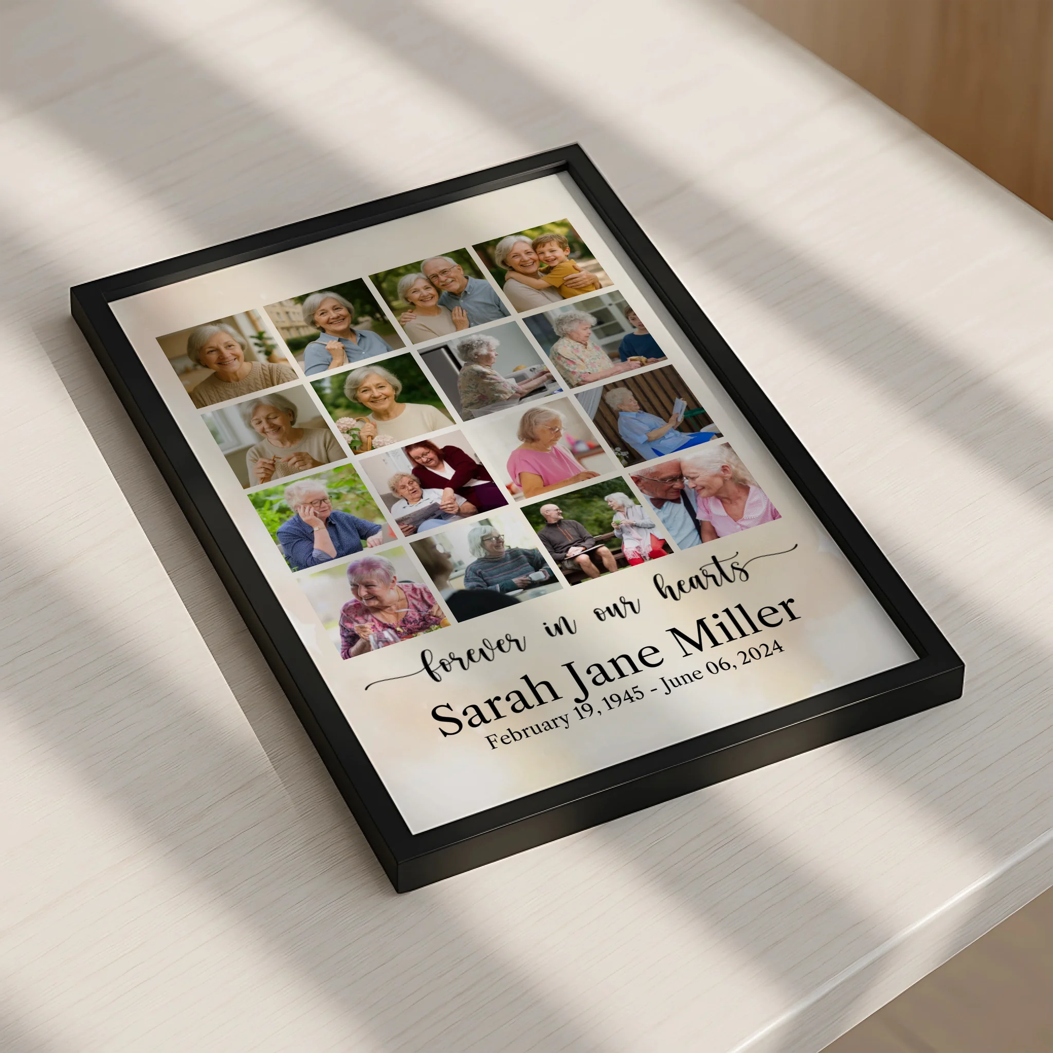 Custom memorial photo collage frame displayed on a wall