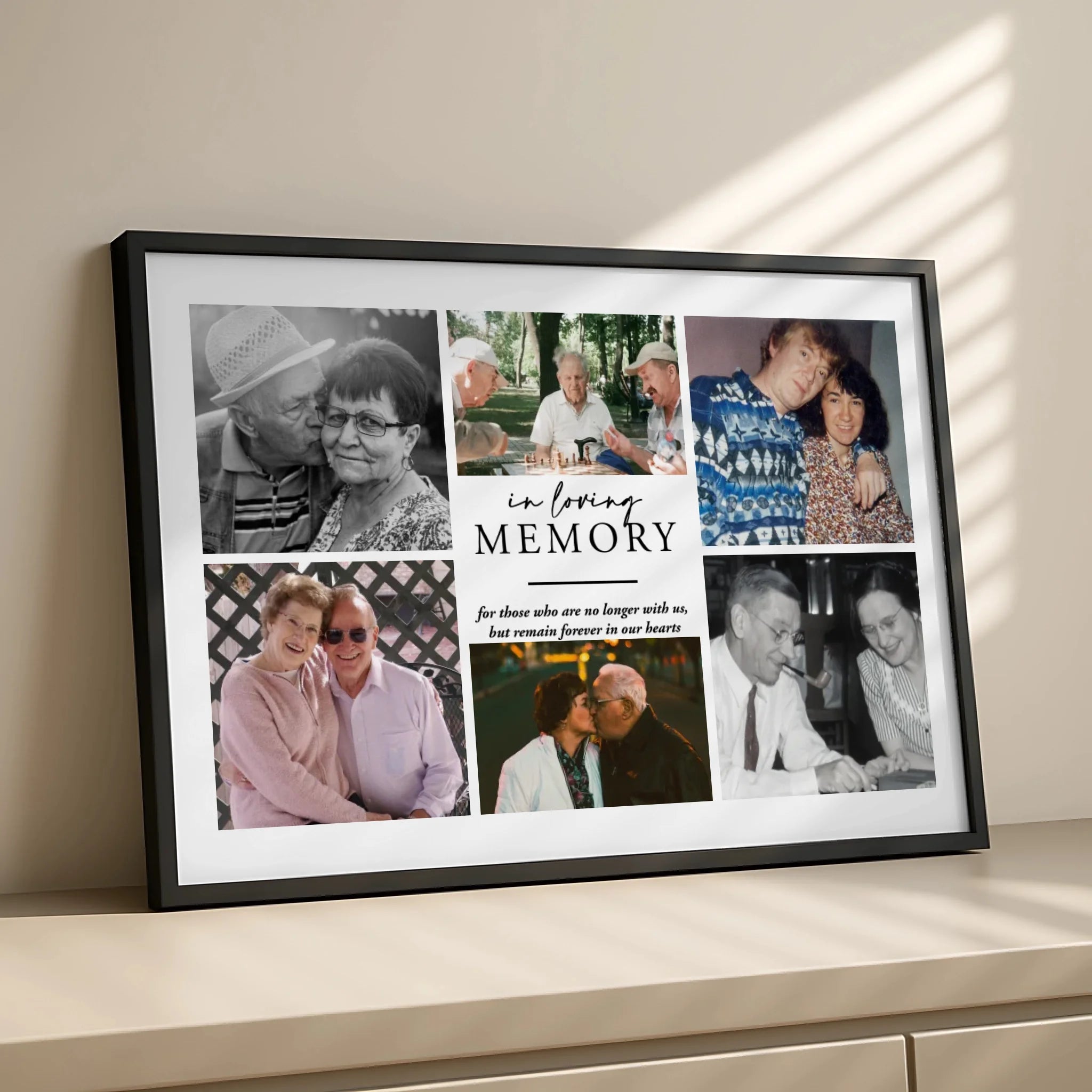 Personalised photo memorial frame displayed on a wall with multiple family photos