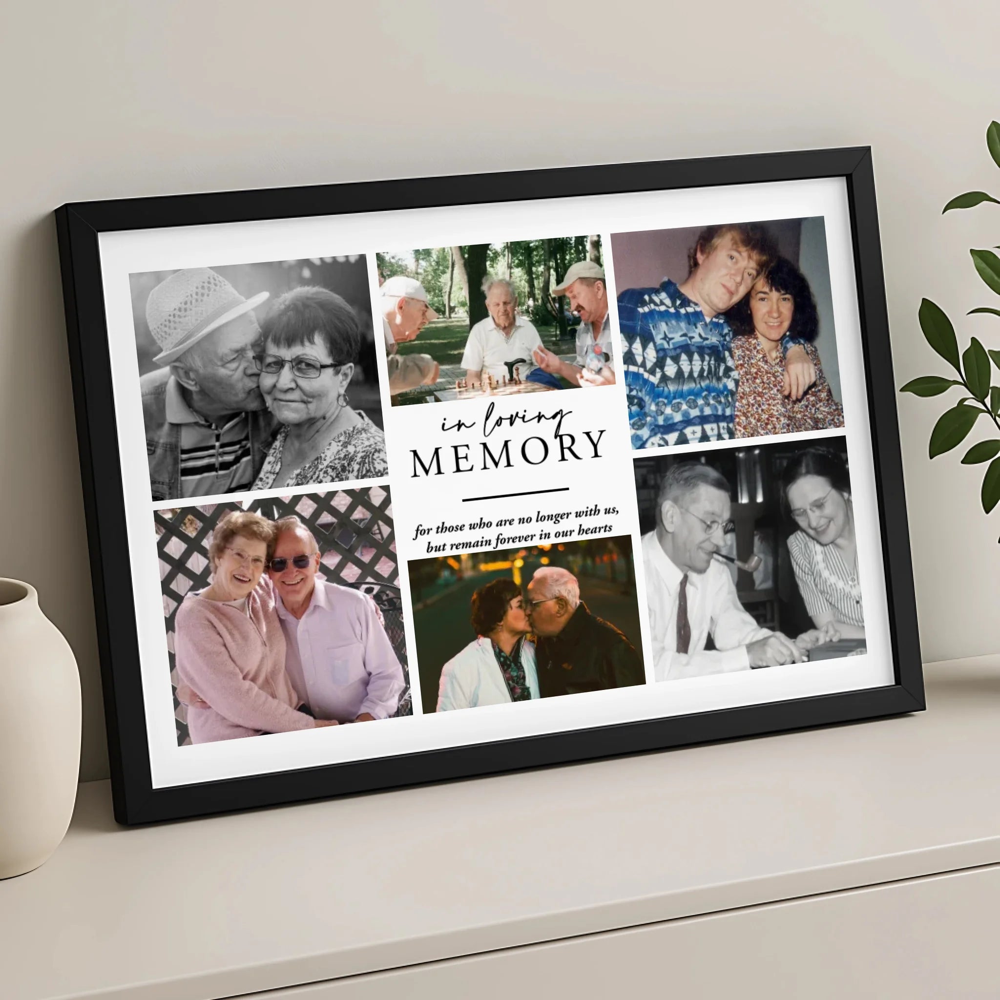 Close-up of a custom photo frame showing a printed photo grid with personalised text