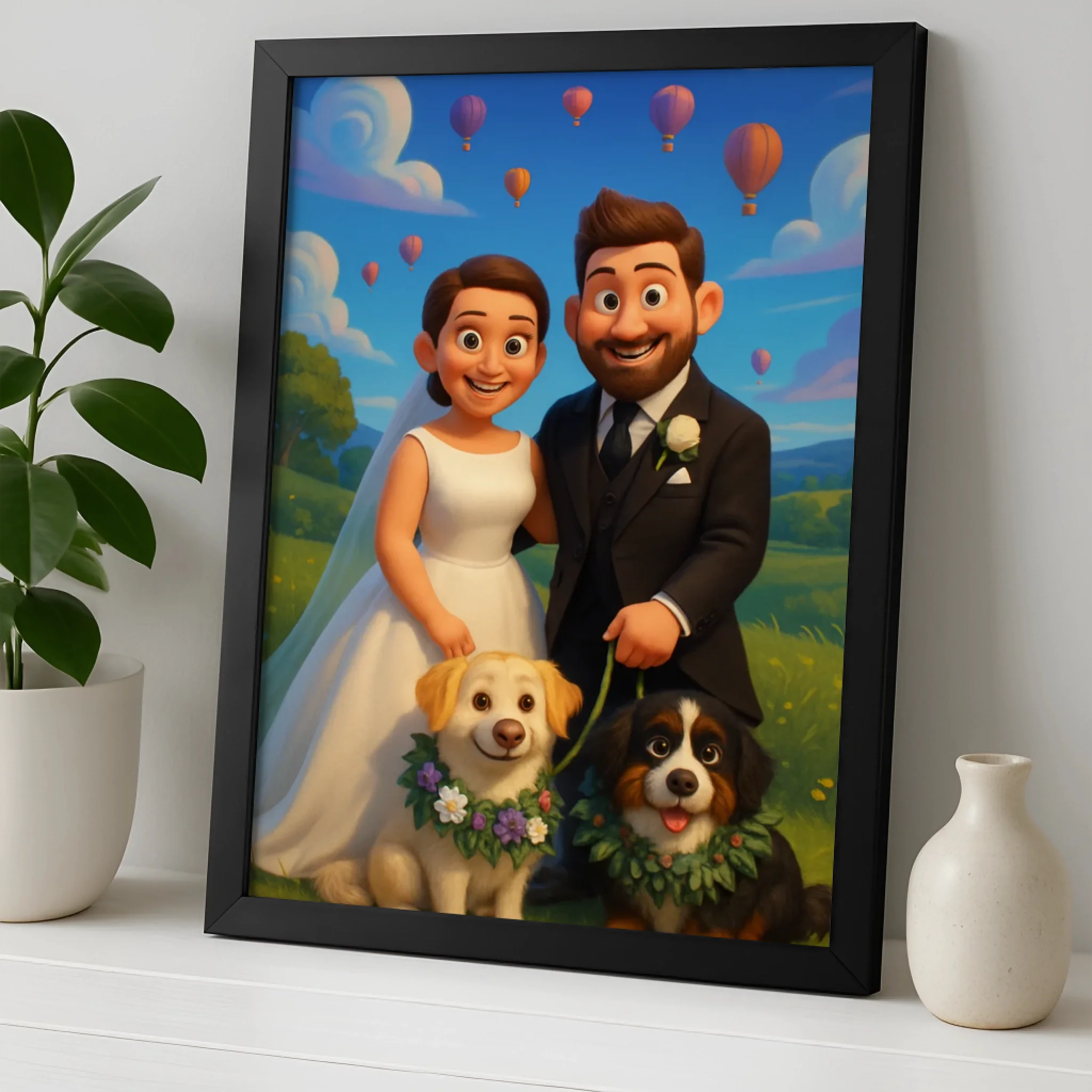 Custom Cartoon Style Portrait Frame | Personalised Cartoon Couple & Pet Illustration | Unique Anniversary or Gift Wall Art