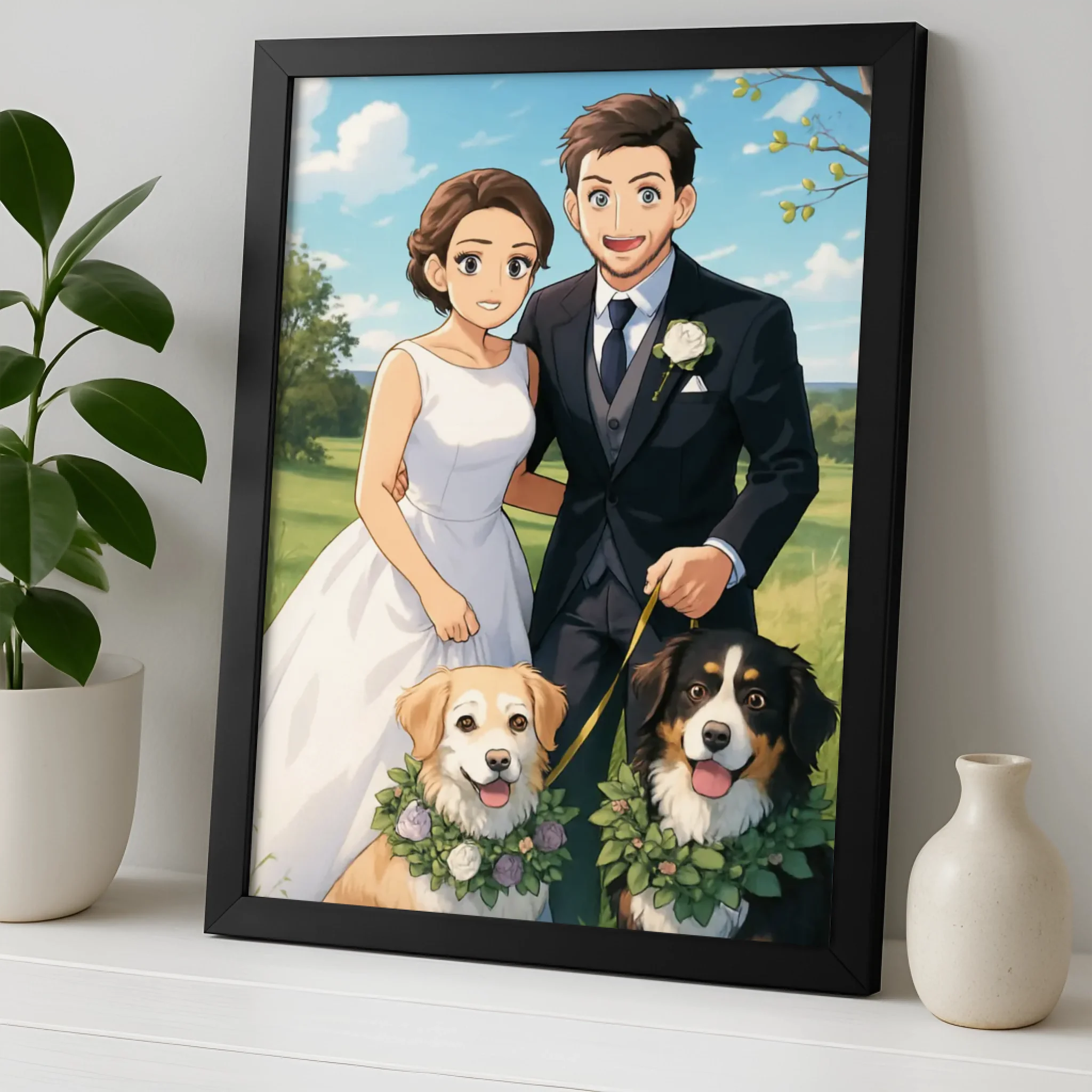 Custom Anime Manga Style Portrait Frame | Personalised Cartoon Couple & Pet Illustration |  Gift Wall Art