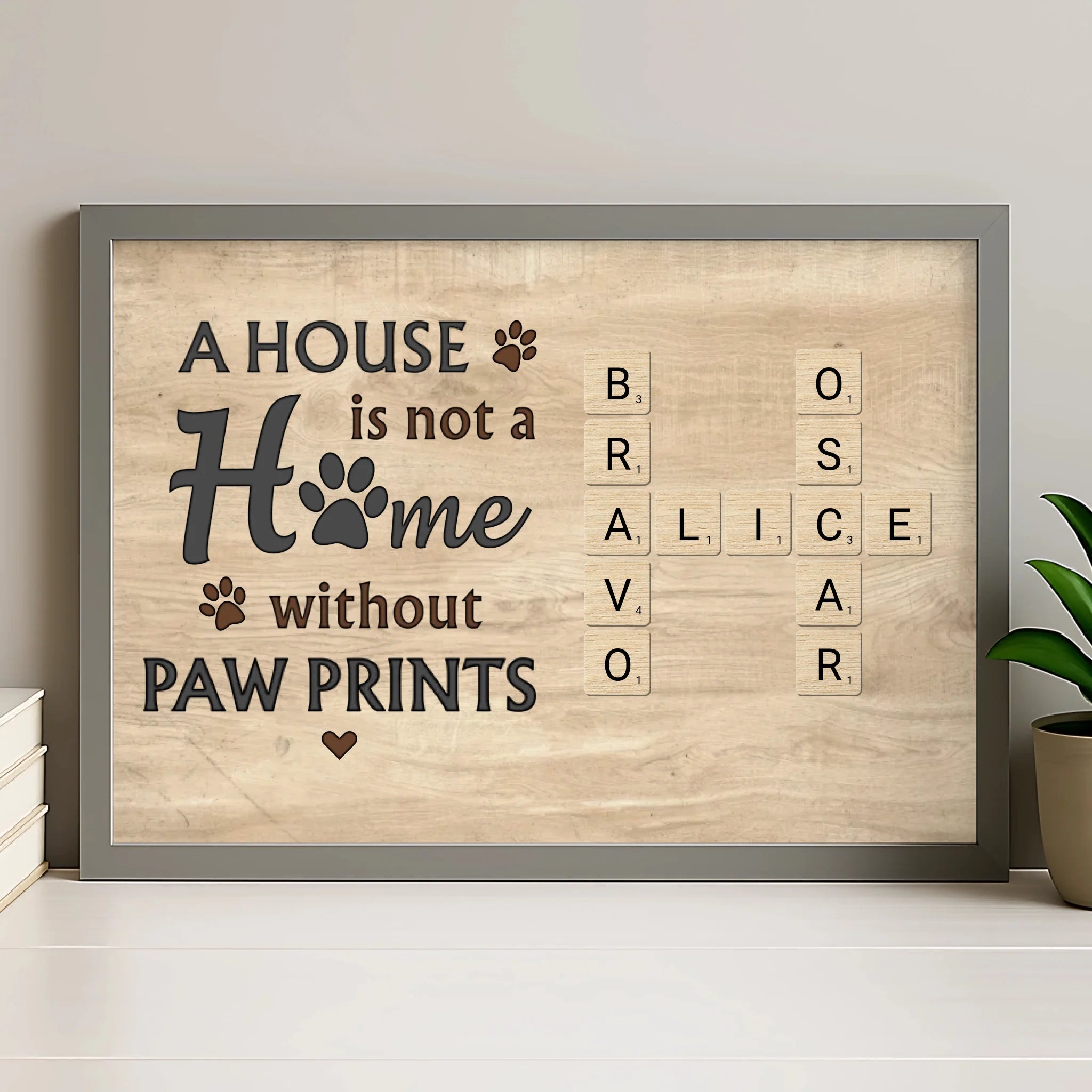 Personalised pet crossword name tile frame in grey finish displayed as wall art