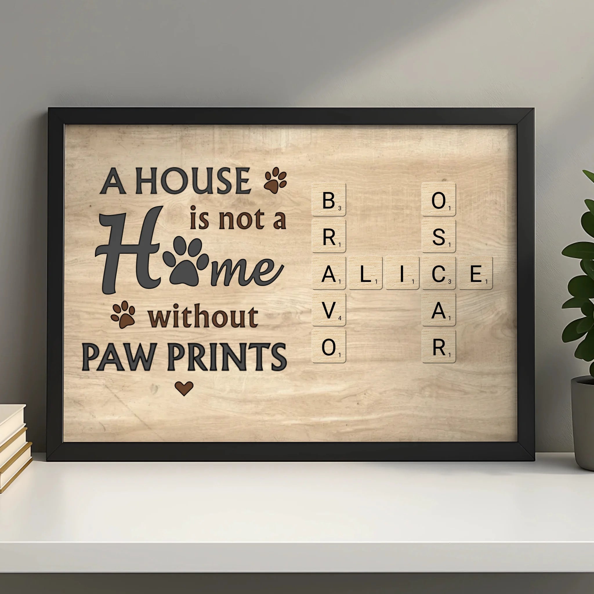 Personalised pet photo frame gift with one pet name in crossword tile design