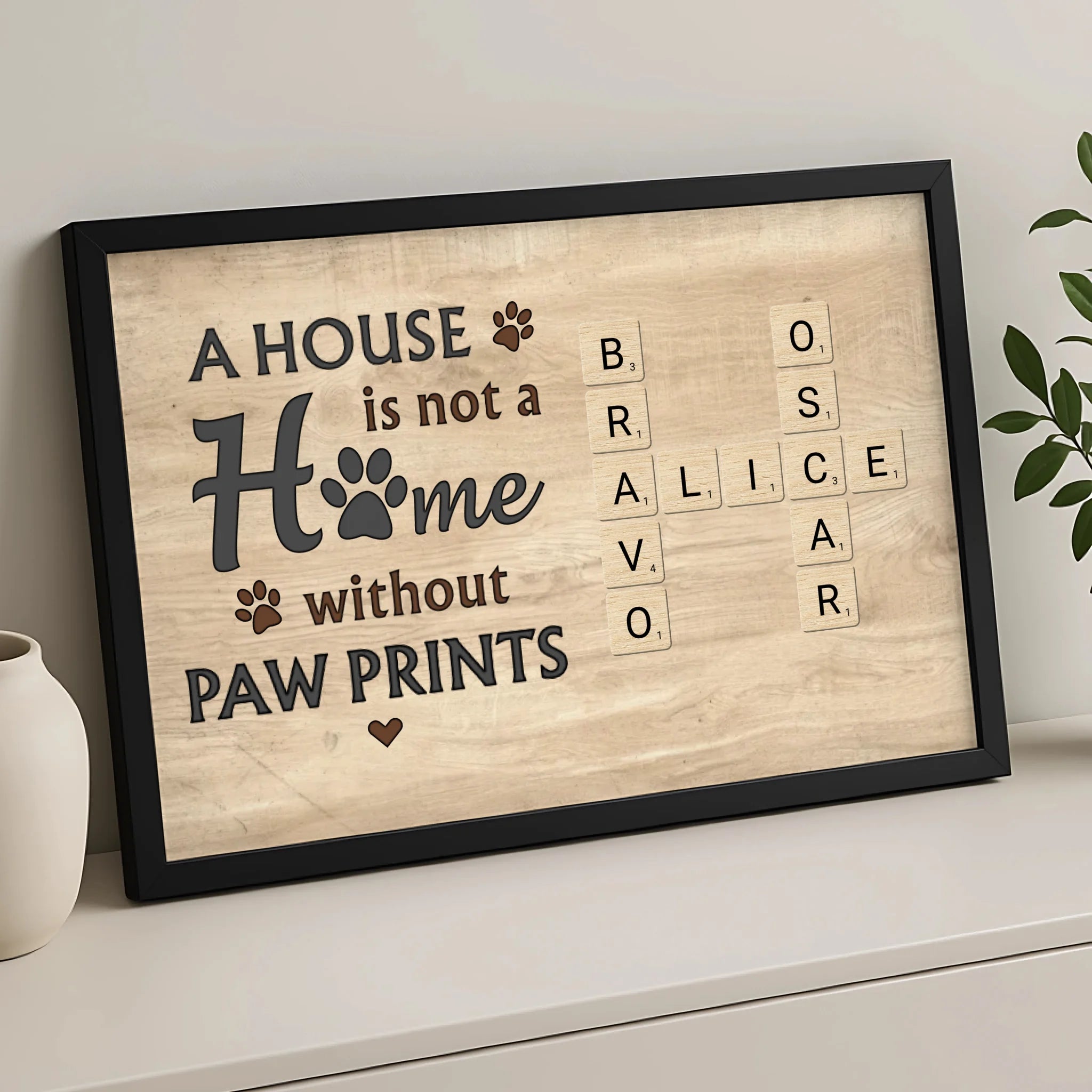Custom pet name crossword photo frame with three pet names displayed