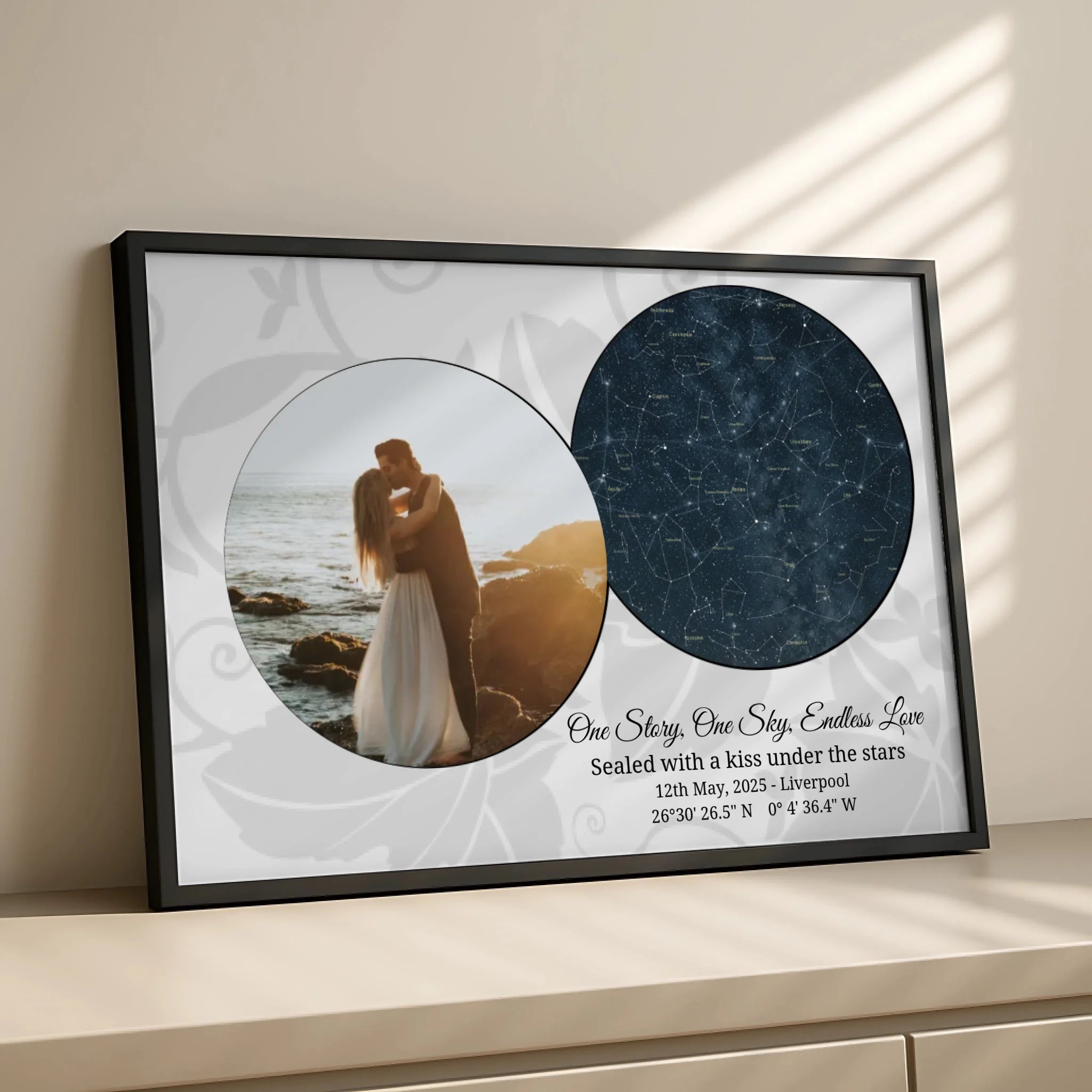 Personalised night sky print in a photo frame, close-up view