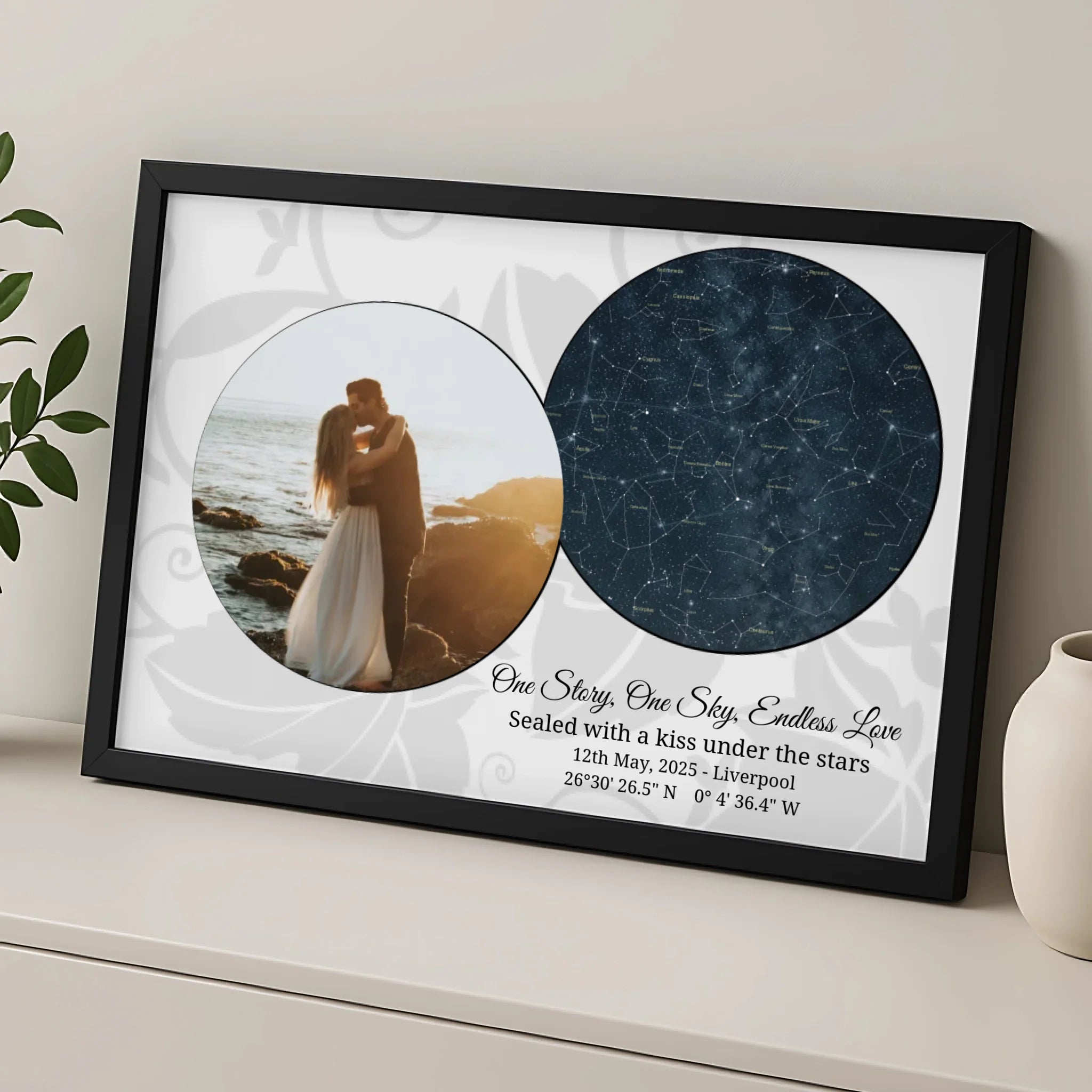 Custom photo frame with star map print showing personalised date and location