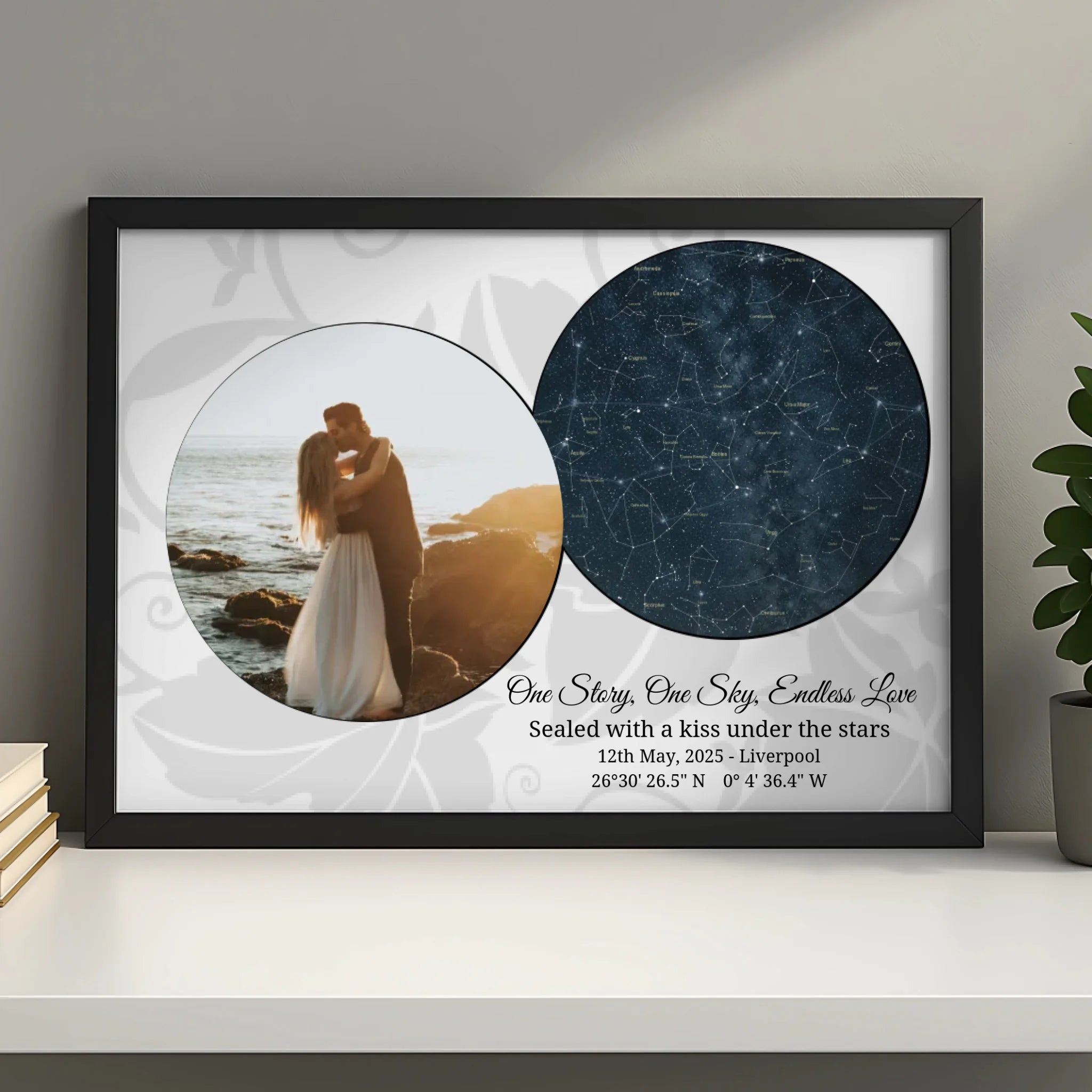 Personalised photo frame gift with printed night sky for an engagement