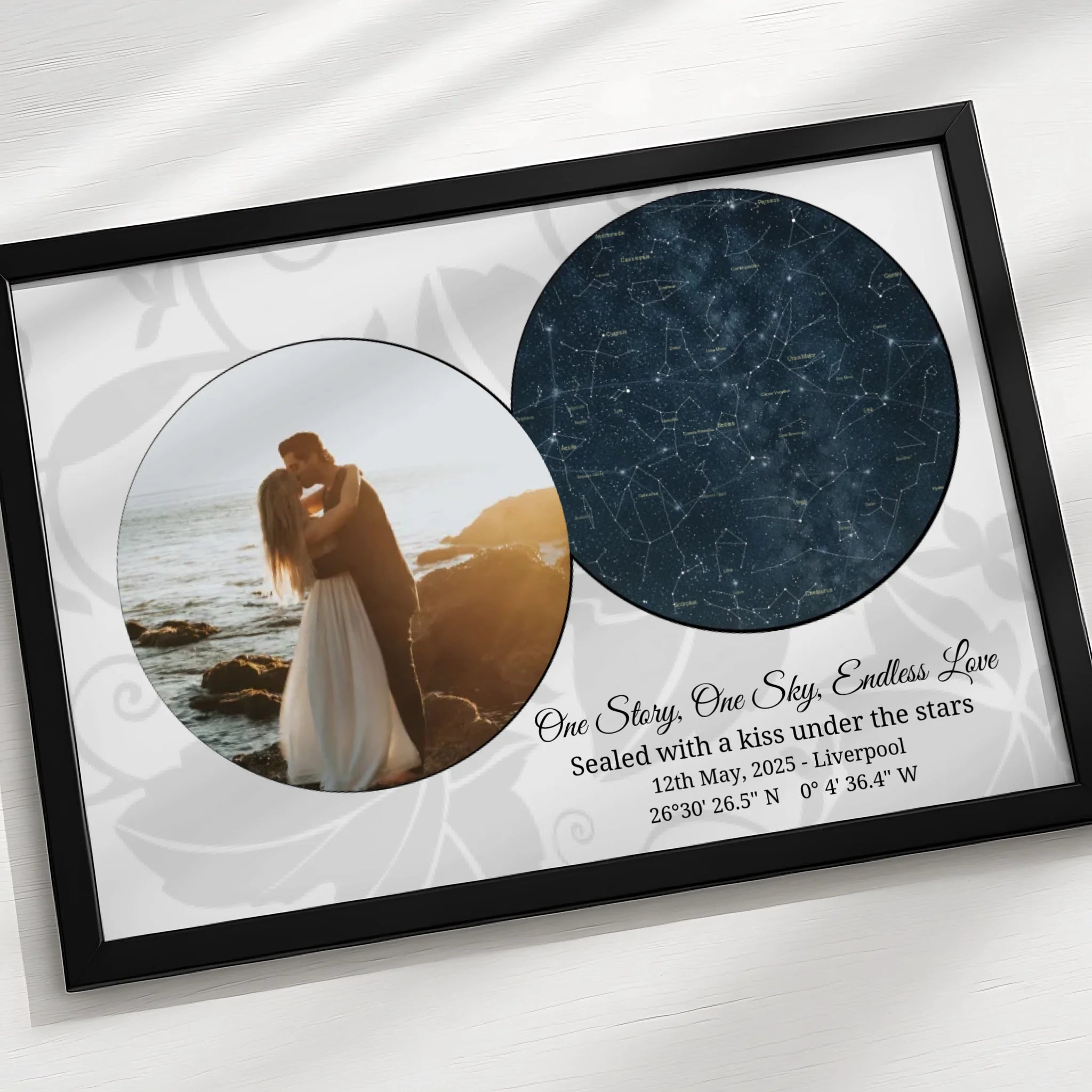 Star map photo frame print with custom text, shown from the front