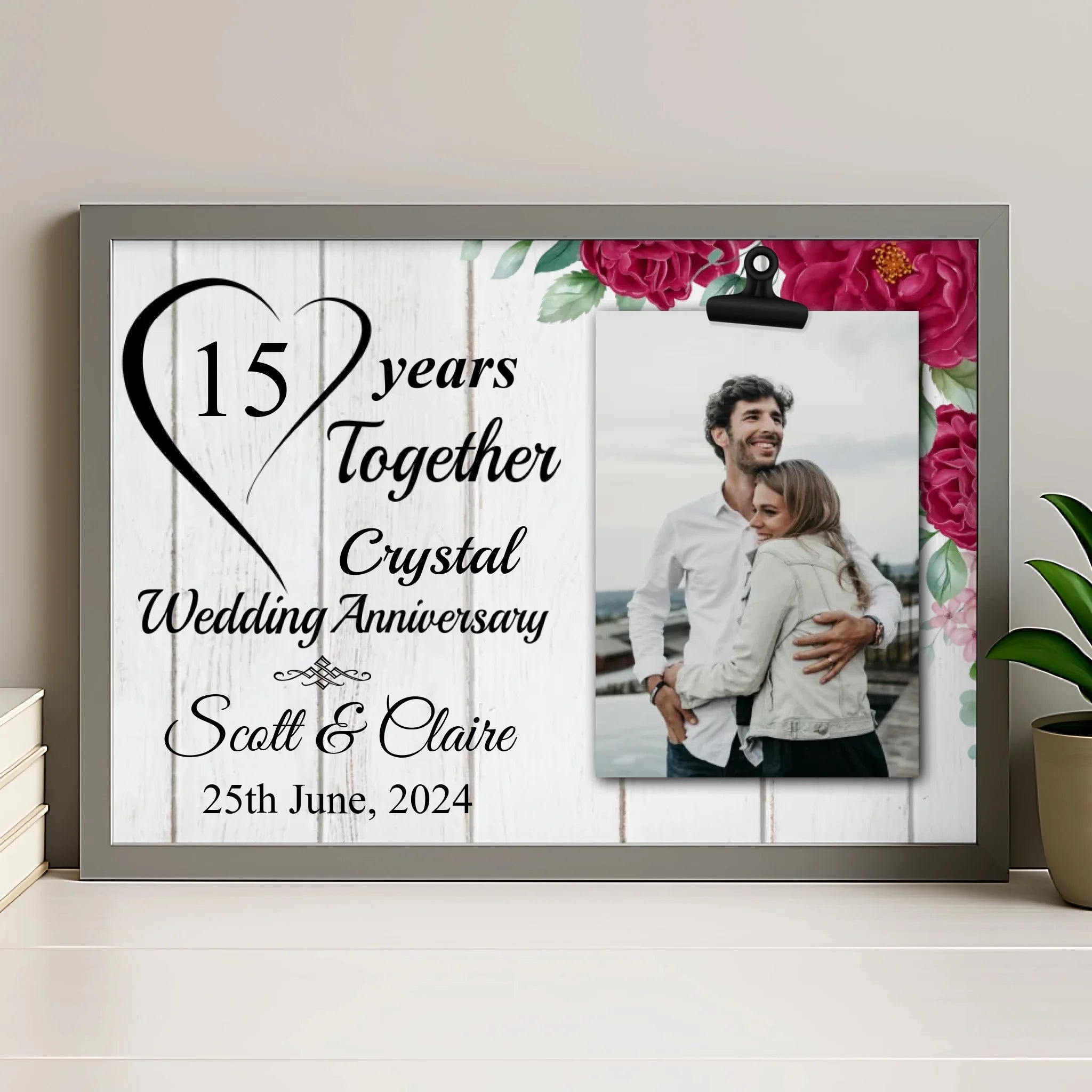 Grey personalised photo frame with custom anniversary print for couples