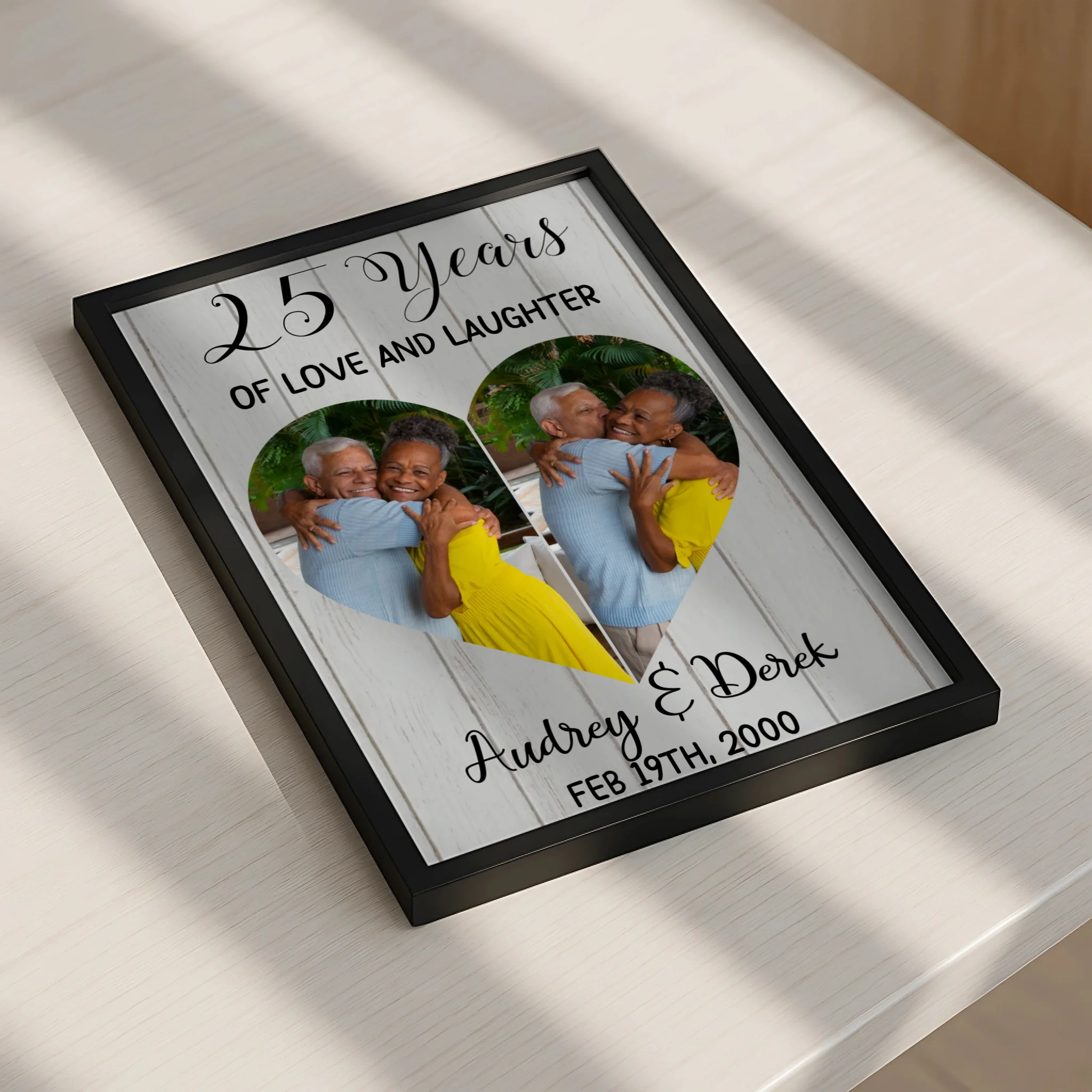 Detail view of a custom photo frame gift for a 15th crystal wedding anniversary