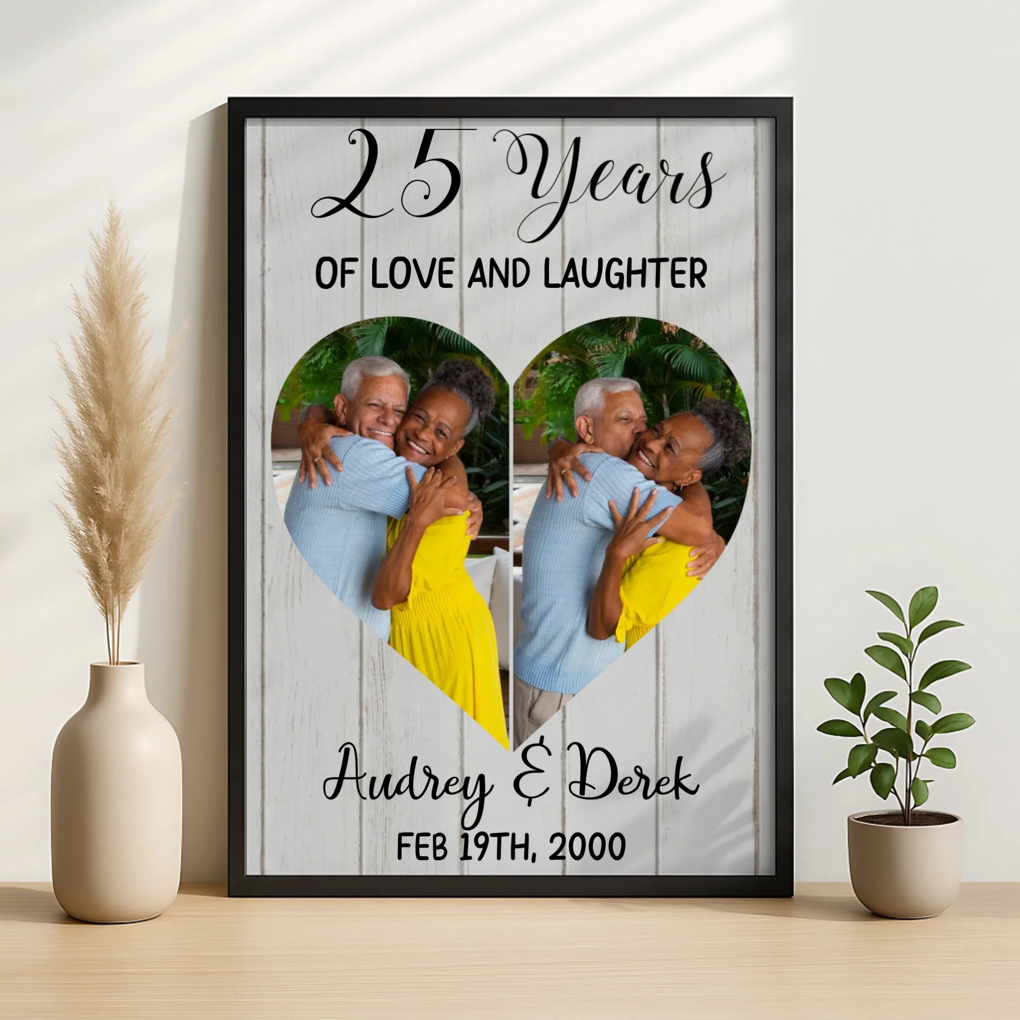 Personalised wedding anniversary photo frame displayed on a wall as couple wall art