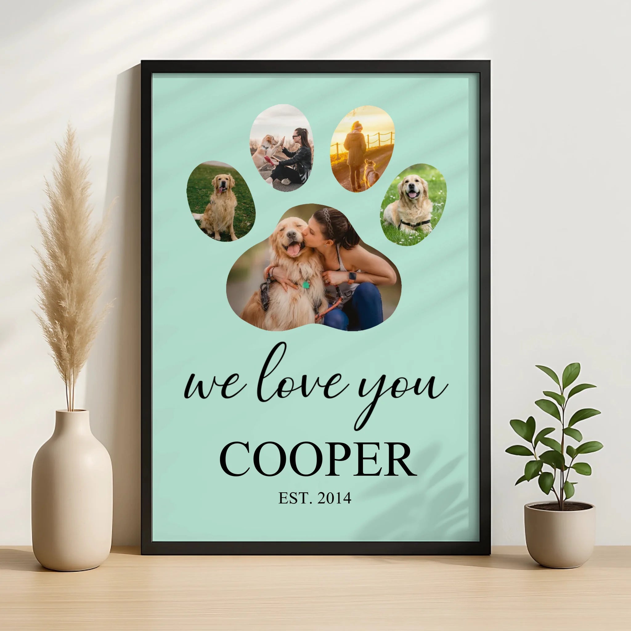Personalised photo frame for dogs with paw print collage layout and custom details