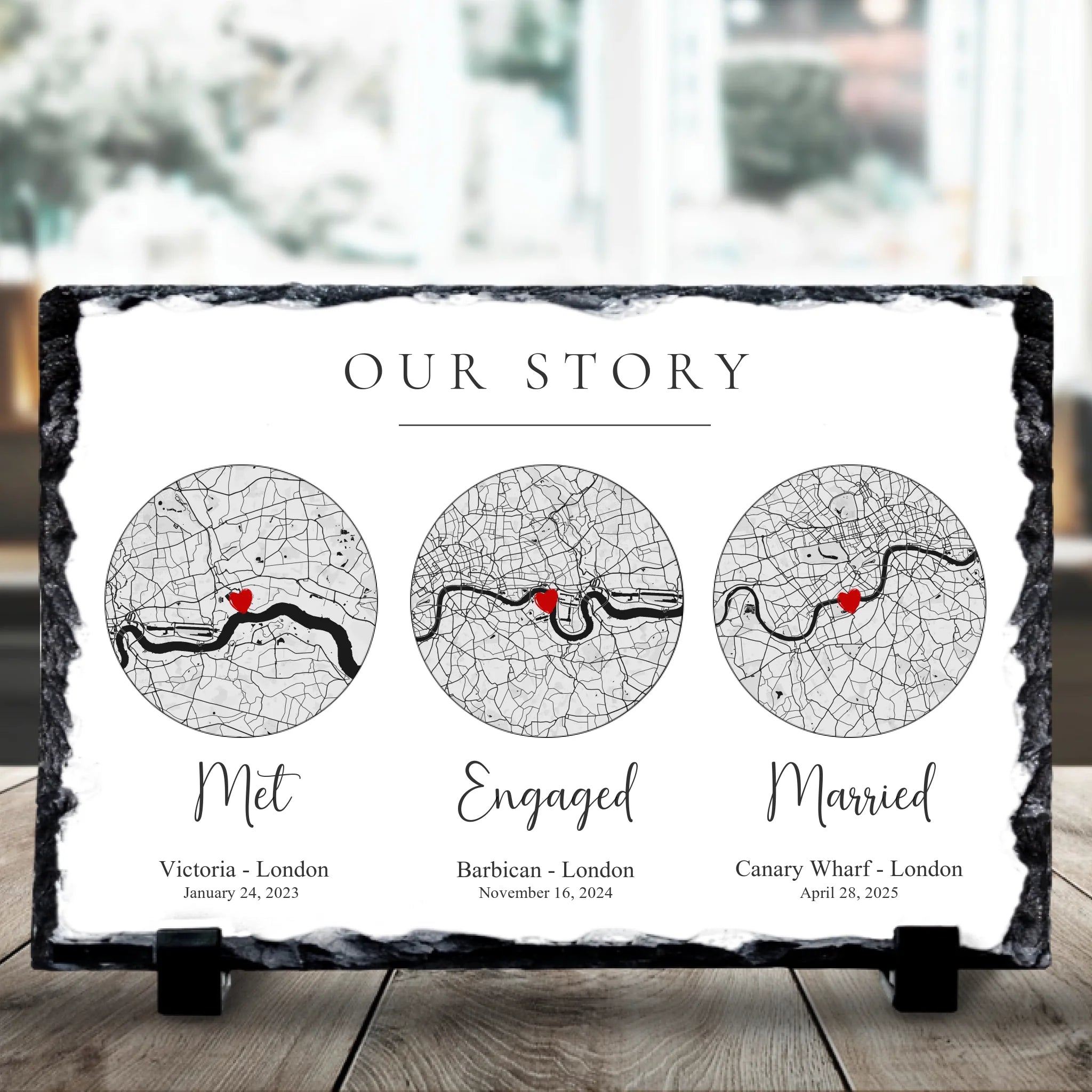 Personalised Our Story Map Photo Slate with Custom Locations Dates and Text | Unique Couple Timeline Gift Anniversary Wedding Engagement Art