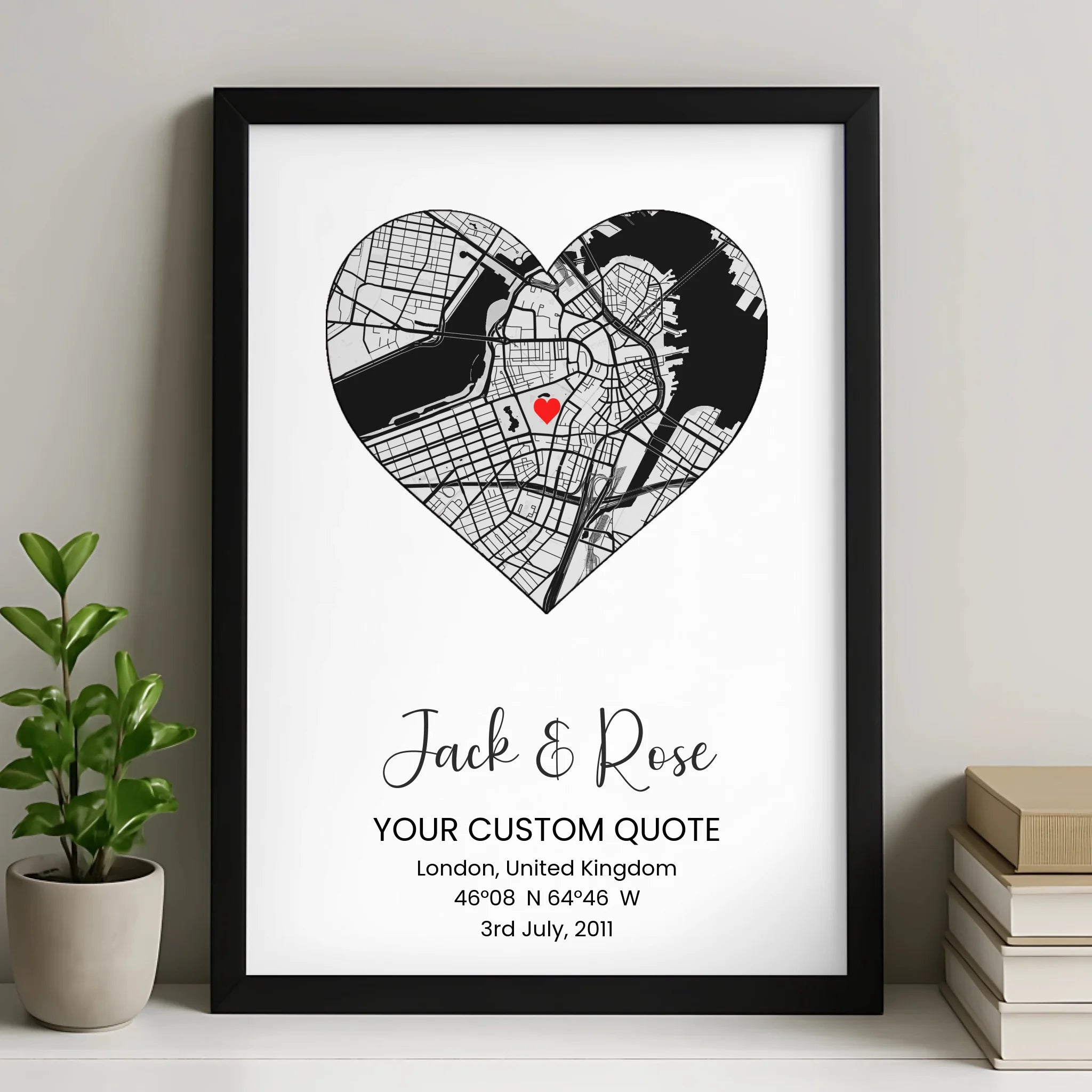 Custom Heart Map Print – Personalised Couple Gift, Engagement, Wedding or Anniversary Wall Art, Coordinates & Quote Option