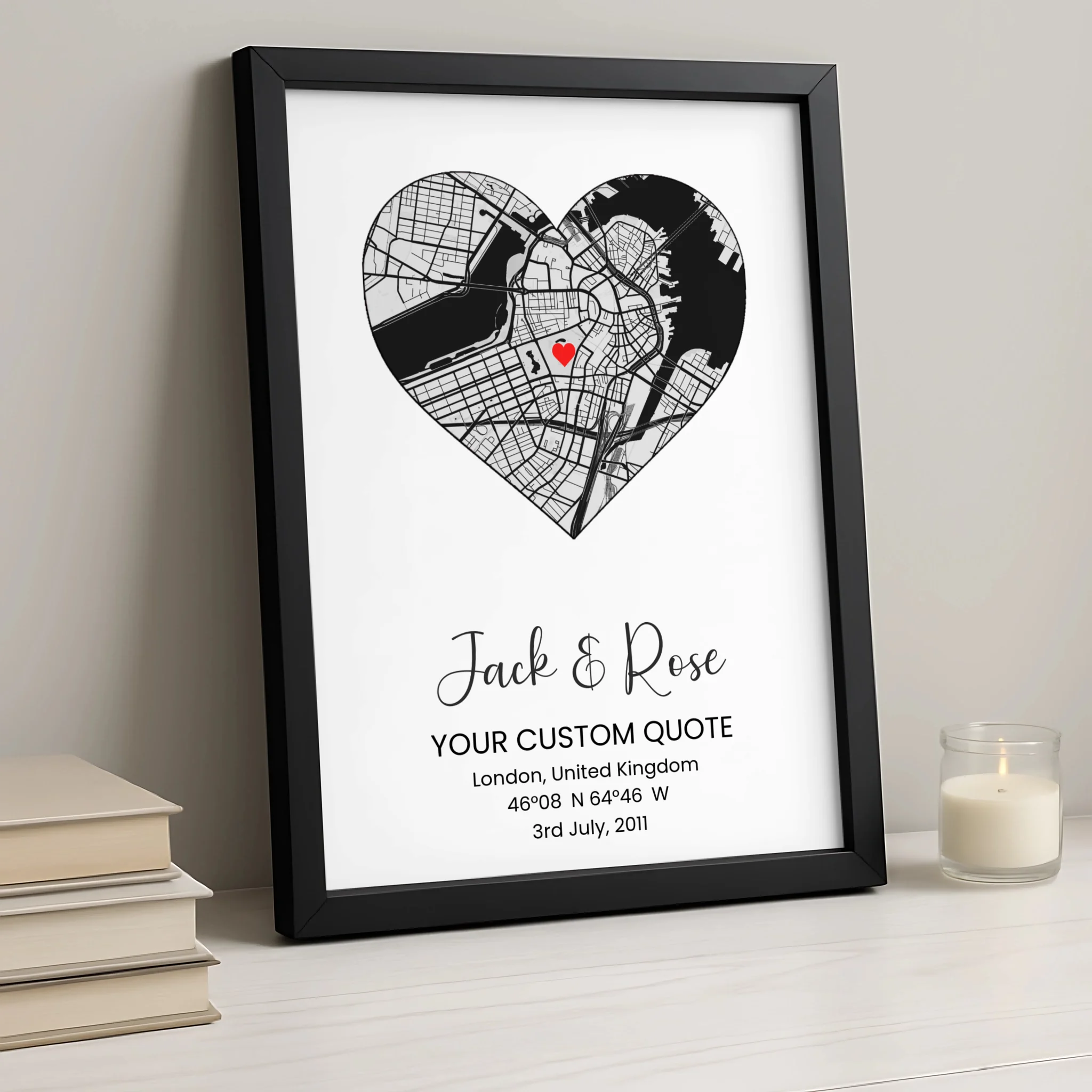 Custom Heart Map Print – Personalised Couple Gift, Engagement, Wedding or Anniversary Wall Art, Coordinates & Quote Option