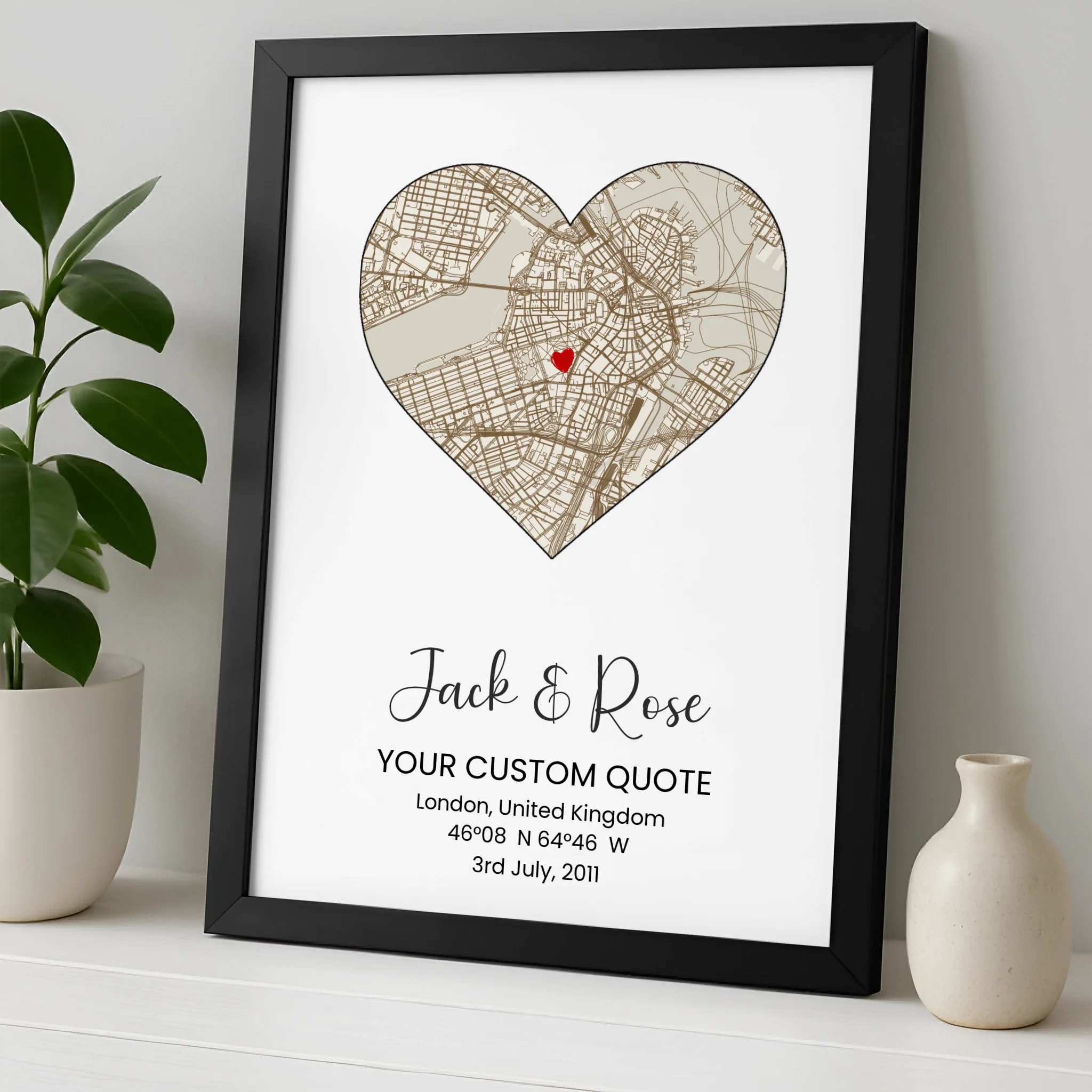 Vintage Heart Map Print – Personalised Couple Artwork, Engagement, Wedding, Anniversary Gift Keepsake