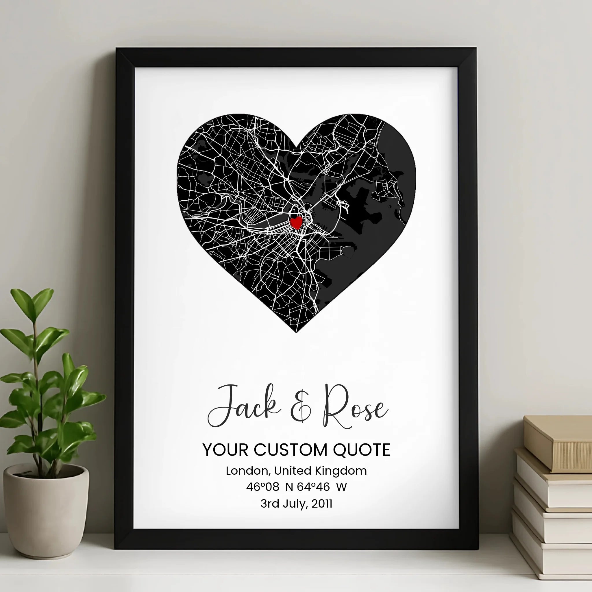 Black & White Heart Map Poster – Personalised Location Print for Couples, Engagement, Wedding, Valentine’s Gift Idea