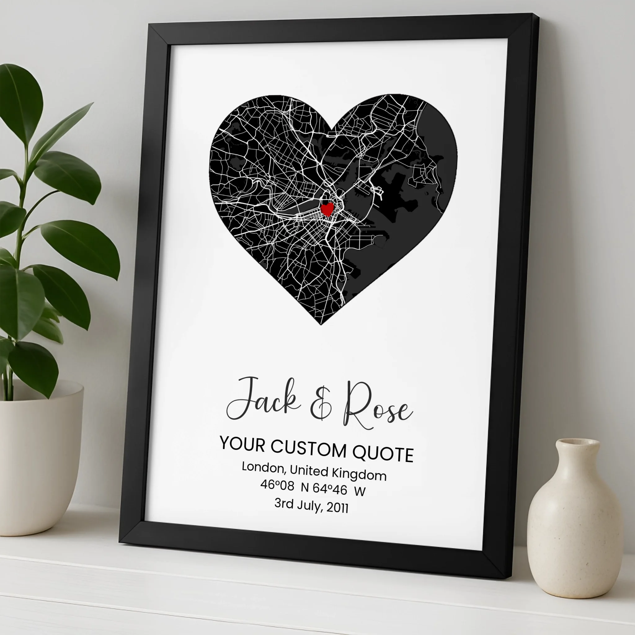 Black & White Heart Map Poster – Personalised Location Print for Couples, Engagement, Wedding, Valentine’s Gift Idea