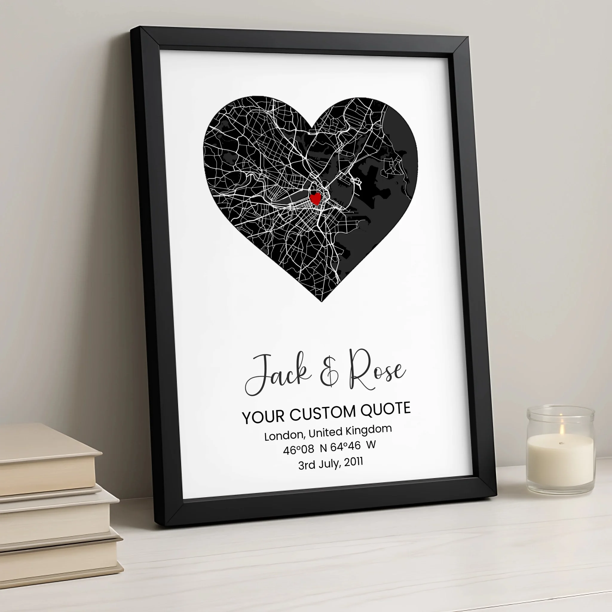 Black & White Heart Map Poster – Personalised Location Print for Couples, Engagement, Wedding, Valentine’s Gift Idea
