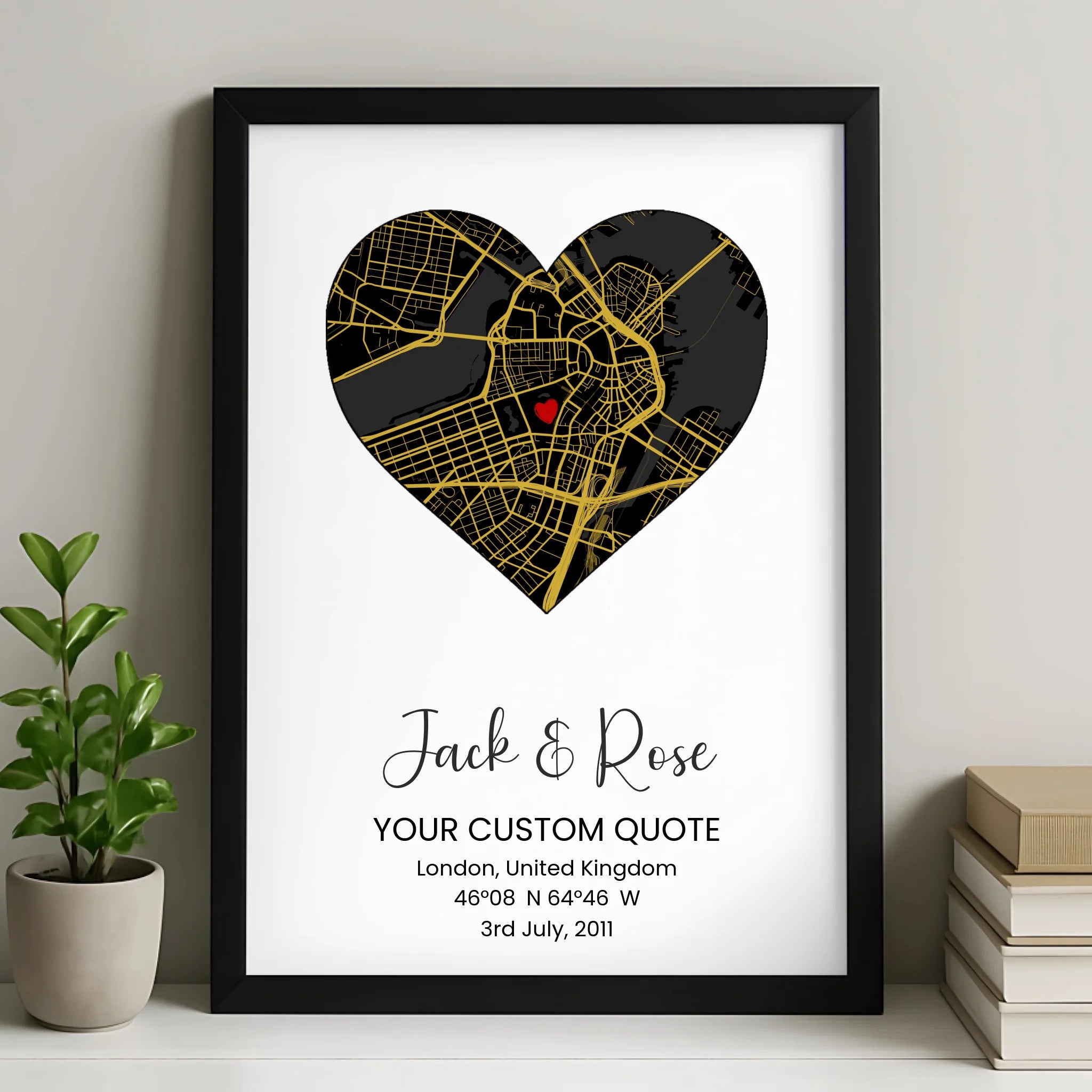 Custom Heart Map Print Frame – Personalised Couple Artwork, Engagement, Wedding, Anniversary Gift Keepsake