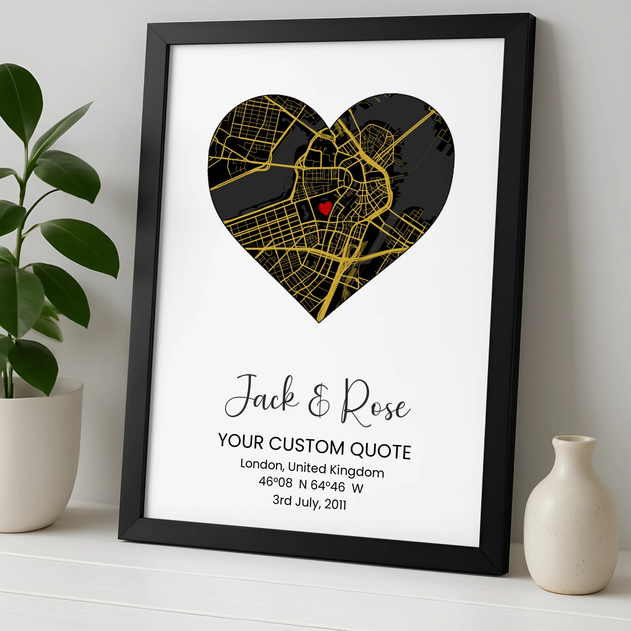 Custom Heart Map Print Frame – Personalised Couple Artwork, Engagement, Wedding, Anniversary Gift Keepsake