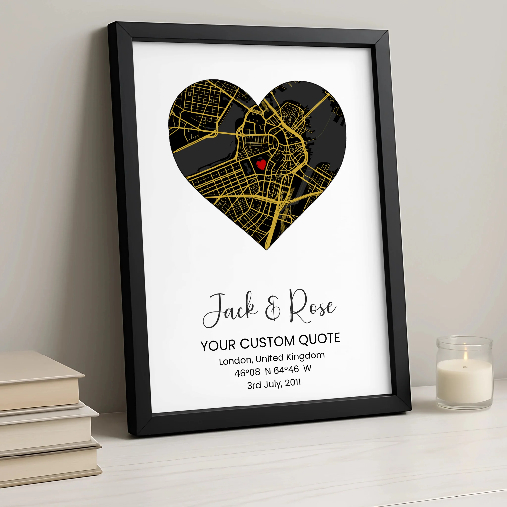 Custom Heart Map Print Frame – Personalised Couple Artwork, Engagement, Wedding, Anniversary Gift Keepsake