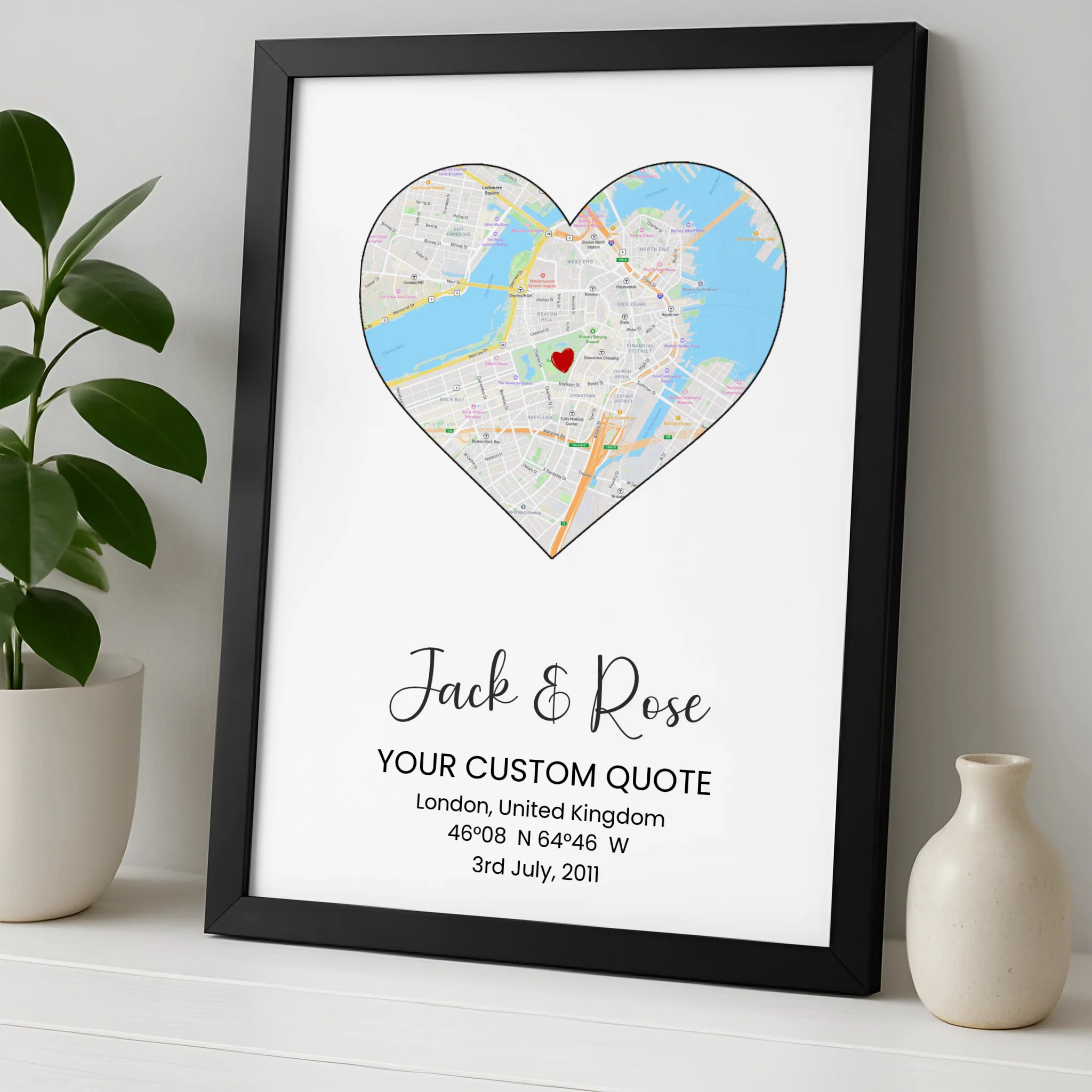 Custom Heart Street Map Print – Personalised Couple Gift, Engagement, Wedding or Anniversary Wall Art, Coordinates & Quote Option