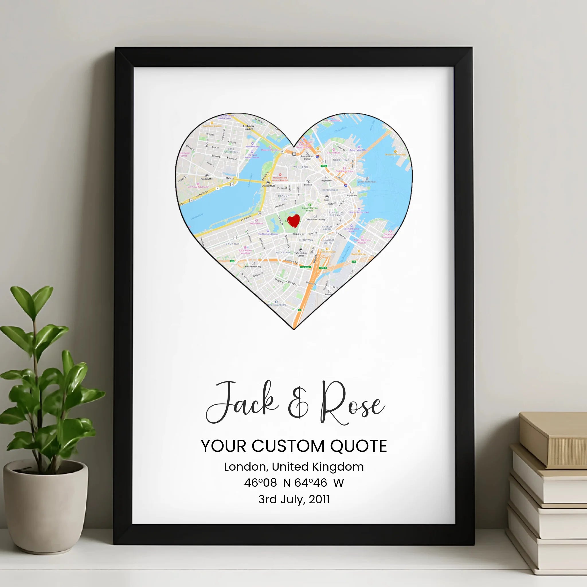 Custom Heart Street Map Print – Personalised Couple Gift, Engagement, Wedding or Anniversary Wall Art, Coordinates & Quote Option