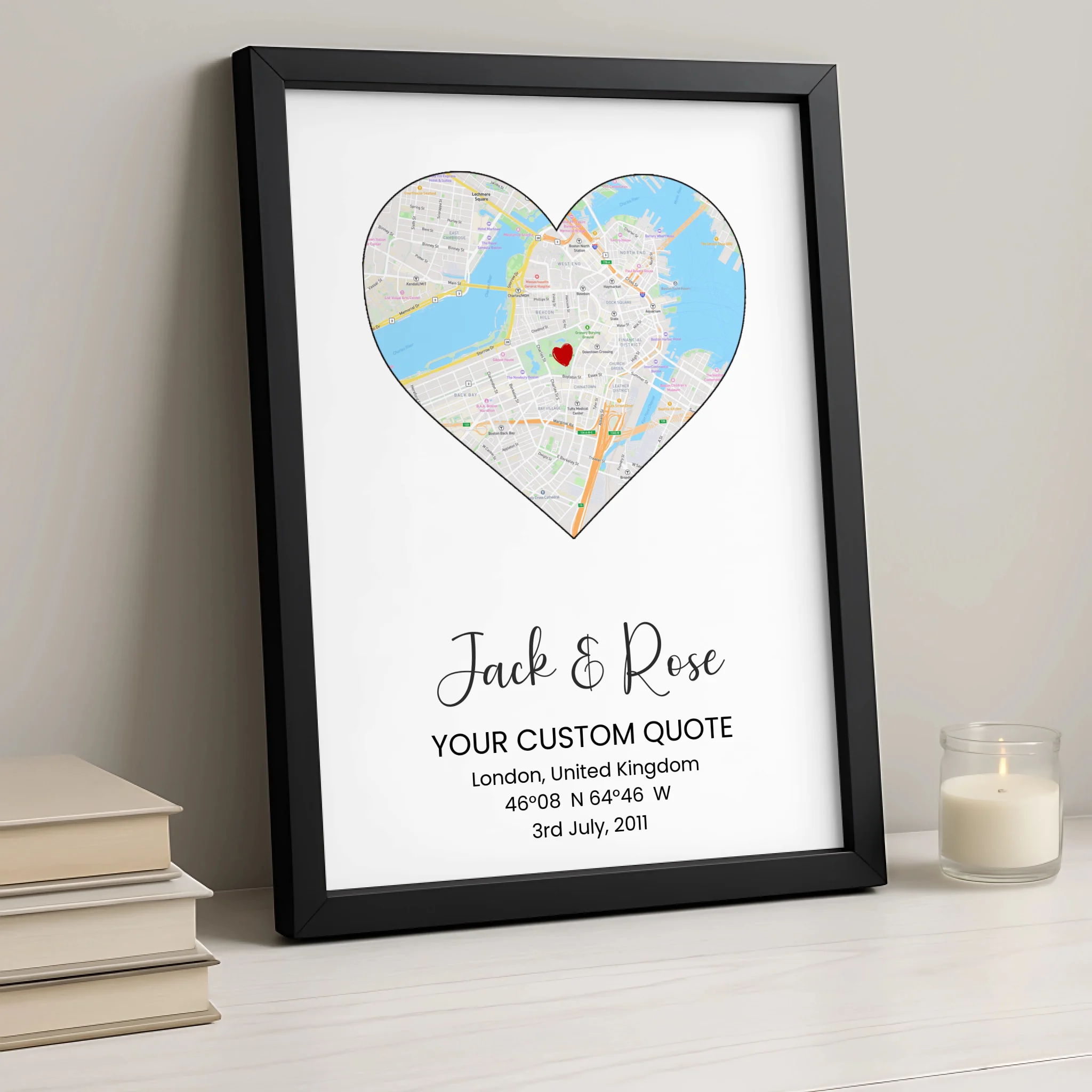 Custom Heart Street Map Print – Personalised Couple Gift, Engagement, Wedding or Anniversary Wall Art, Coordinates & Quote Option