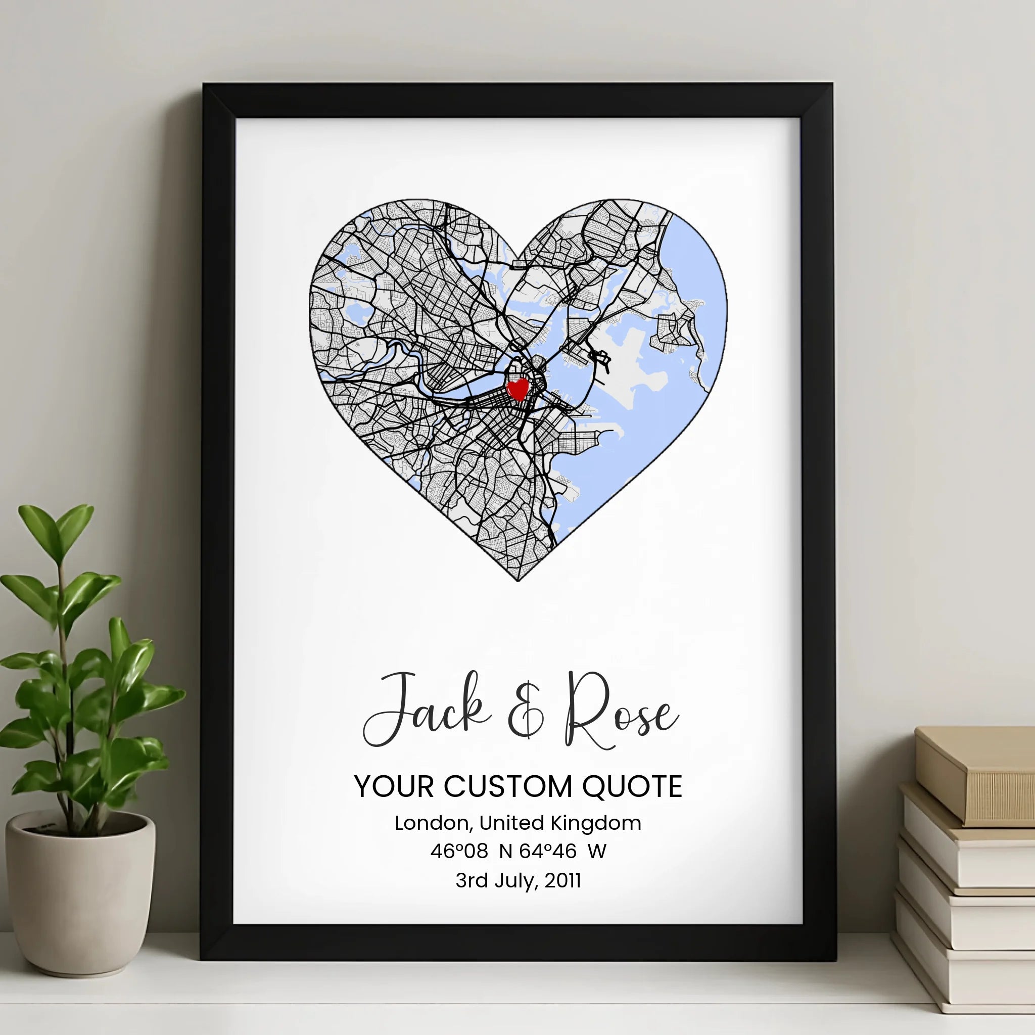 Custom Heart Map Frame Print – Personalised Couple Gift, Engagement, Wedding or Anniversary Wall Art, Coordinates & Quote Option