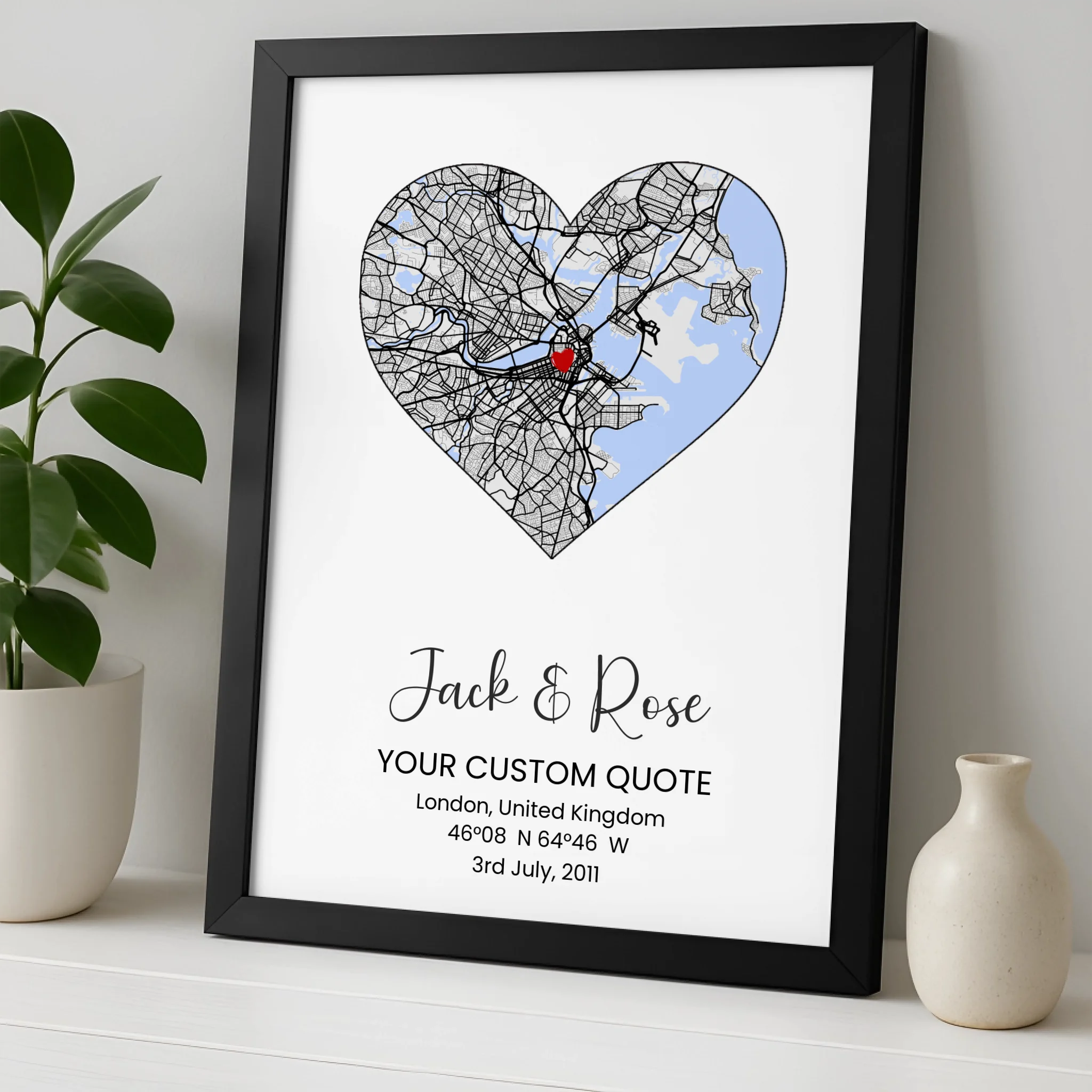 Custom Heart Map Frame Print – Personalised Couple Gift, Engagement, Wedding or Anniversary Wall Art, Coordinates & Quote Option