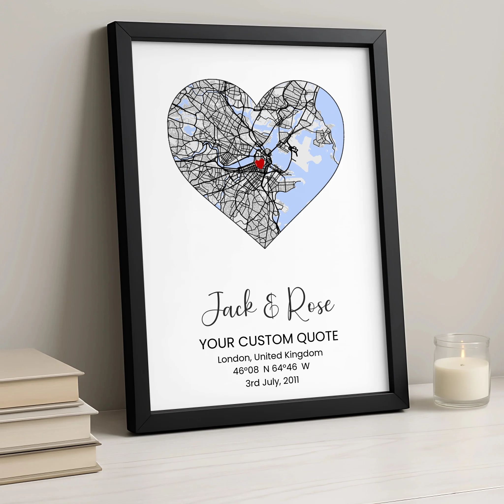 Custom Heart Map Frame Print – Personalised Couple Gift, Engagement, Wedding or Anniversary Wall Art, Coordinates & Quote Option